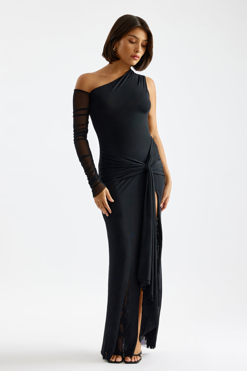 Aurelia Dress Black Mesh Gown One Shoulder Sleeve | Studio Lexi