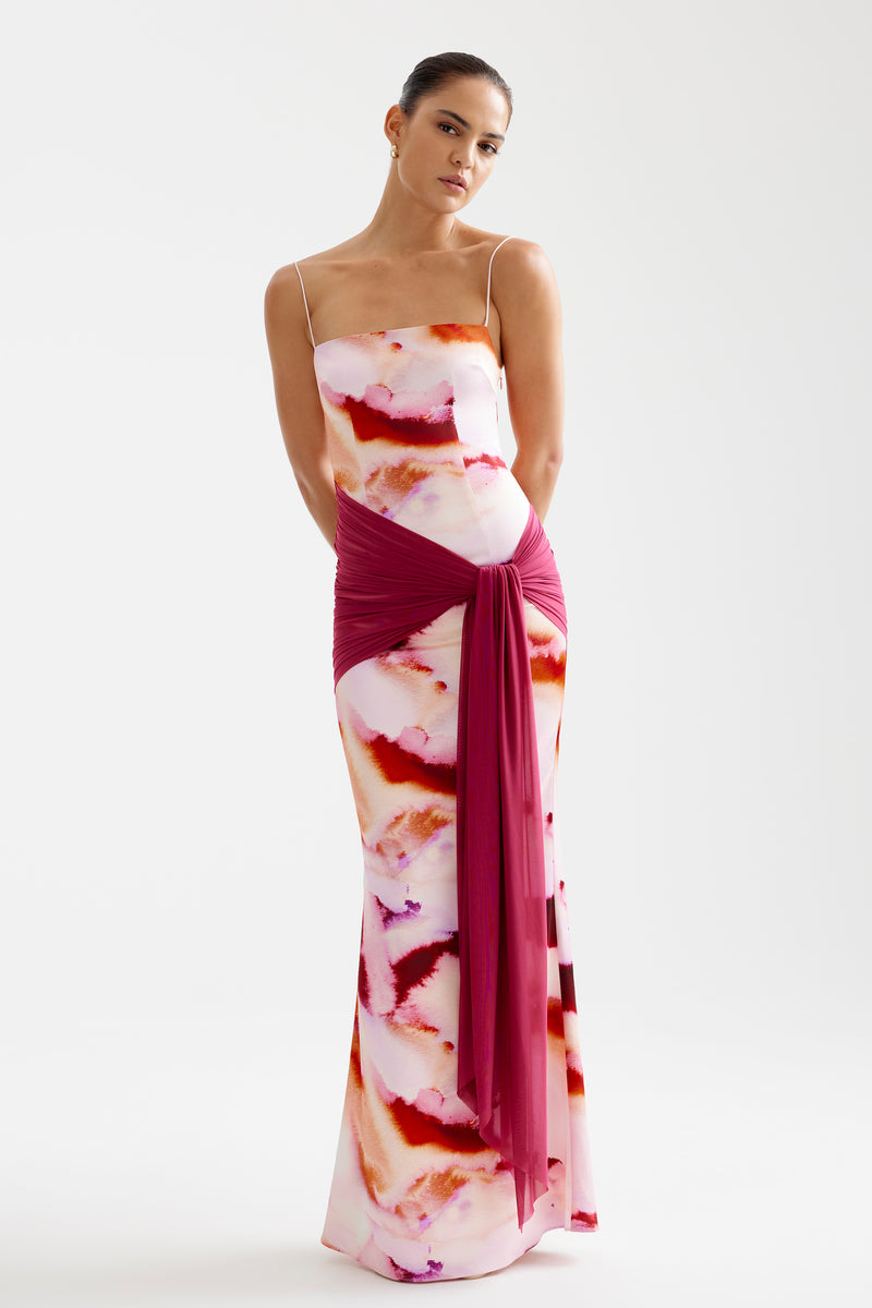 studio lexi ayla stretch satin faux-wrap mermaid maxi dress Ayla Dress - Pink Mineral Print, AU/UK 10