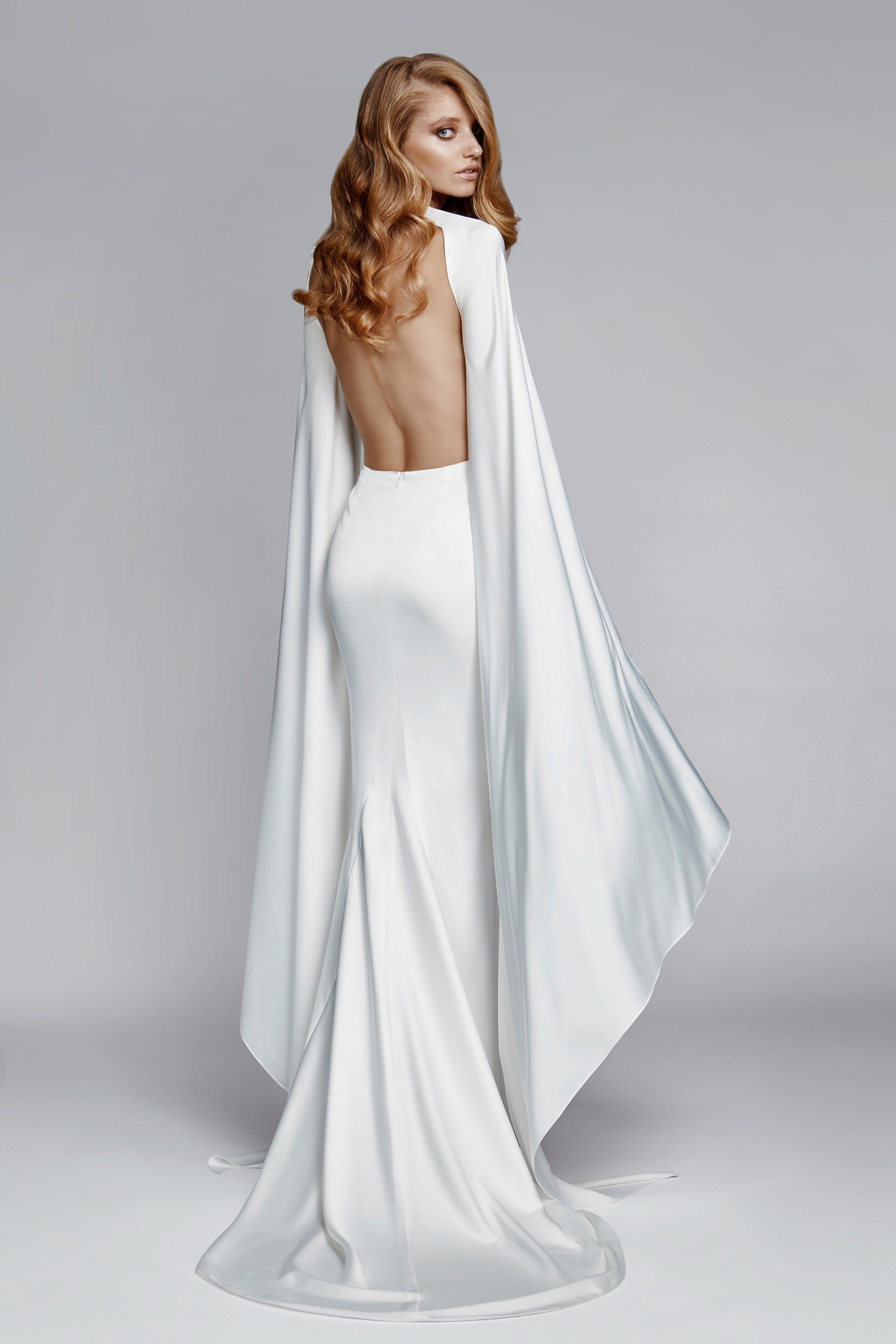 Sara Dress - Satin Crepe Cape Sleeve Gown | Studio Lexi