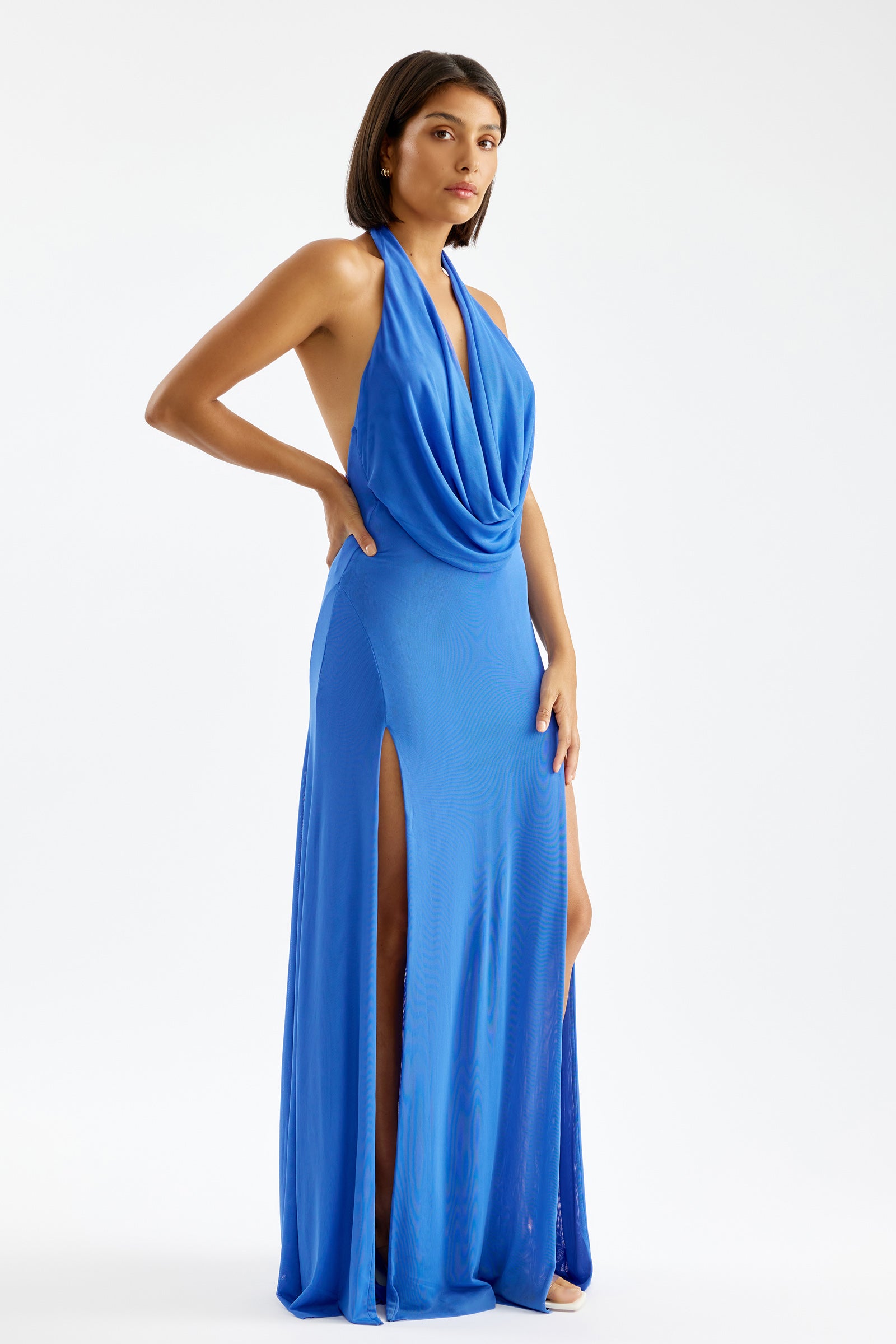 Savannah Dress Azure Blue Mesh Gown Cowl Neckline