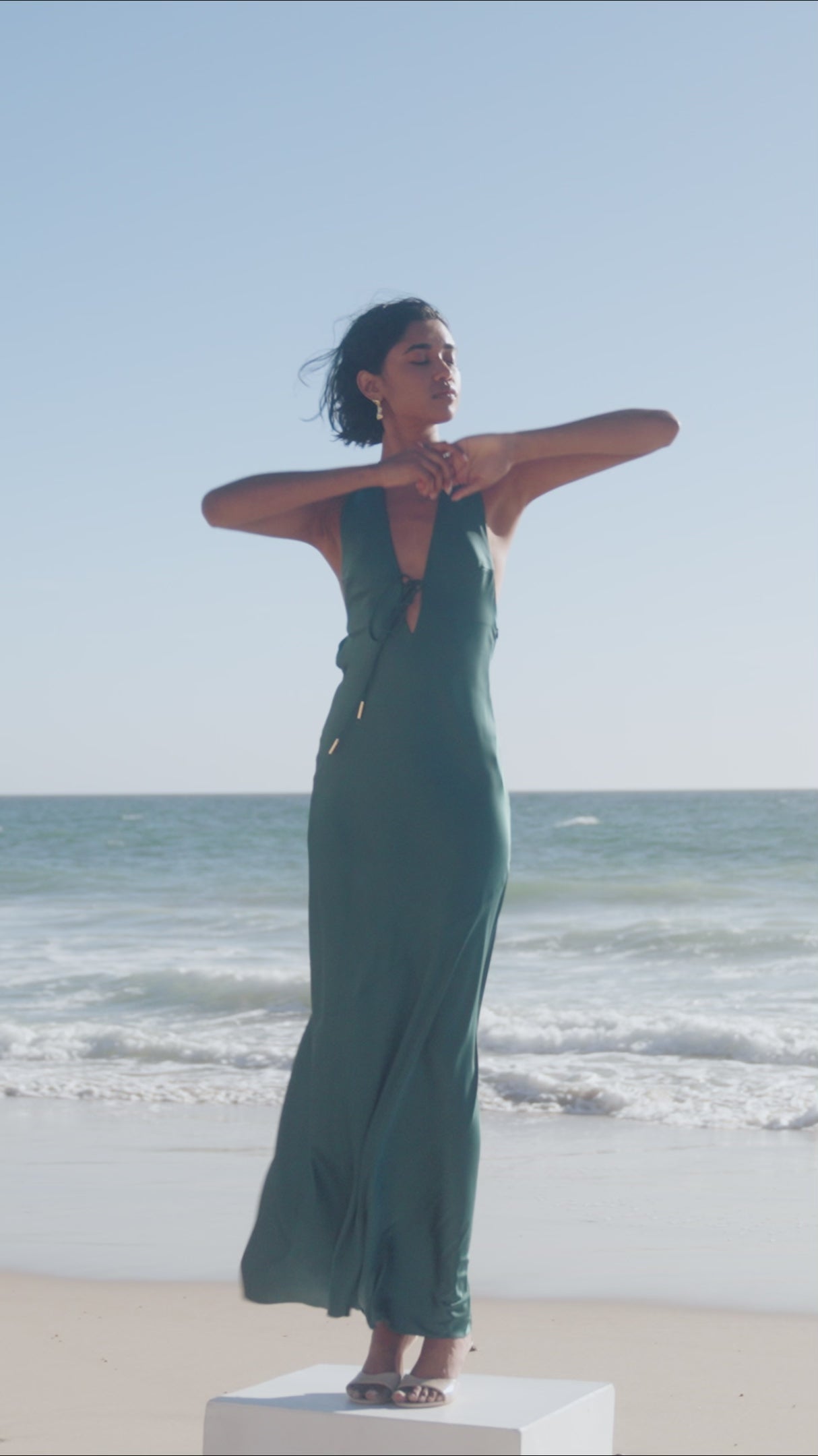 Diaz Dress Emerald Satin Gown Halter Floor