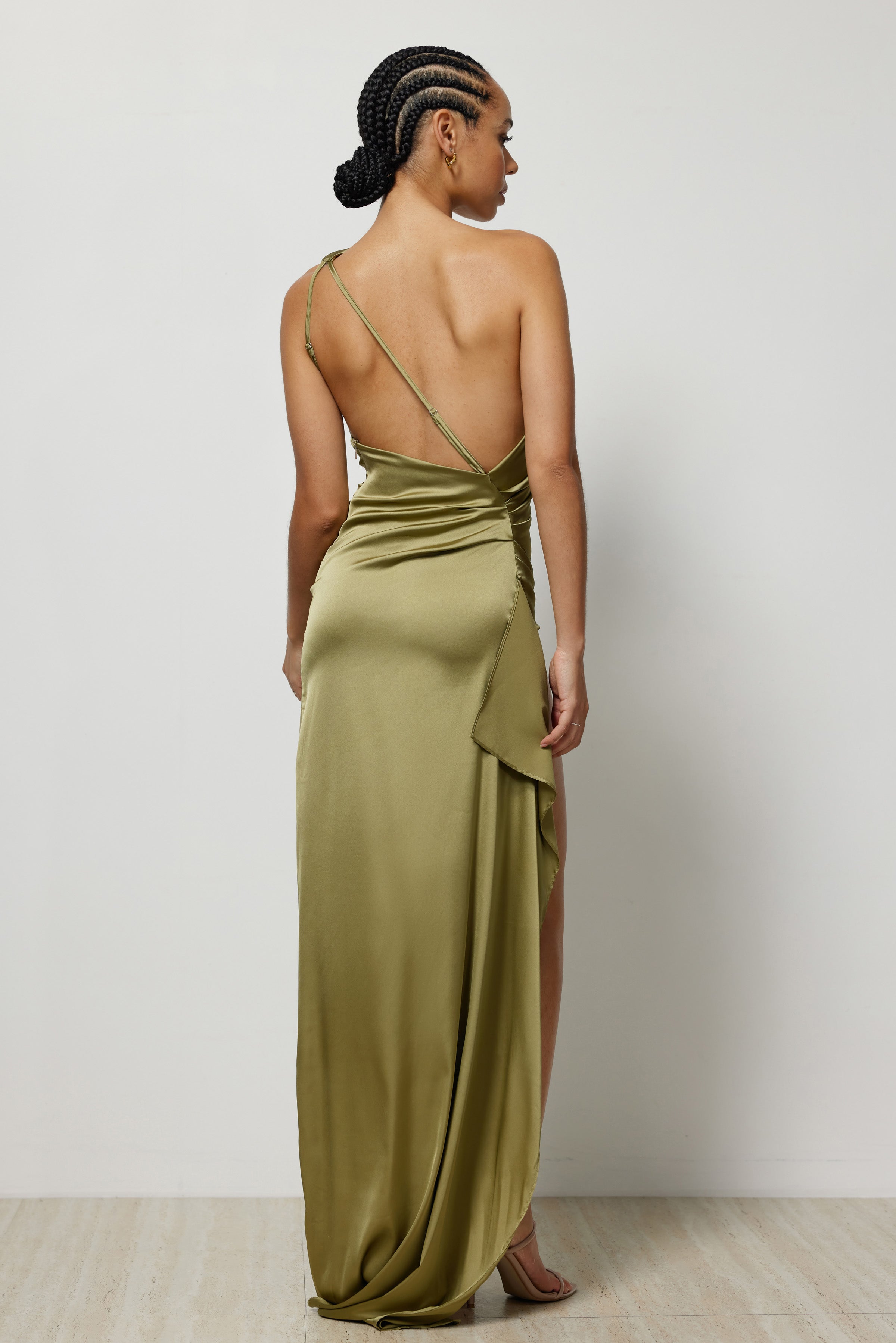Samira Dress Olive One Shoulder Draped Gown | Studio Lexi