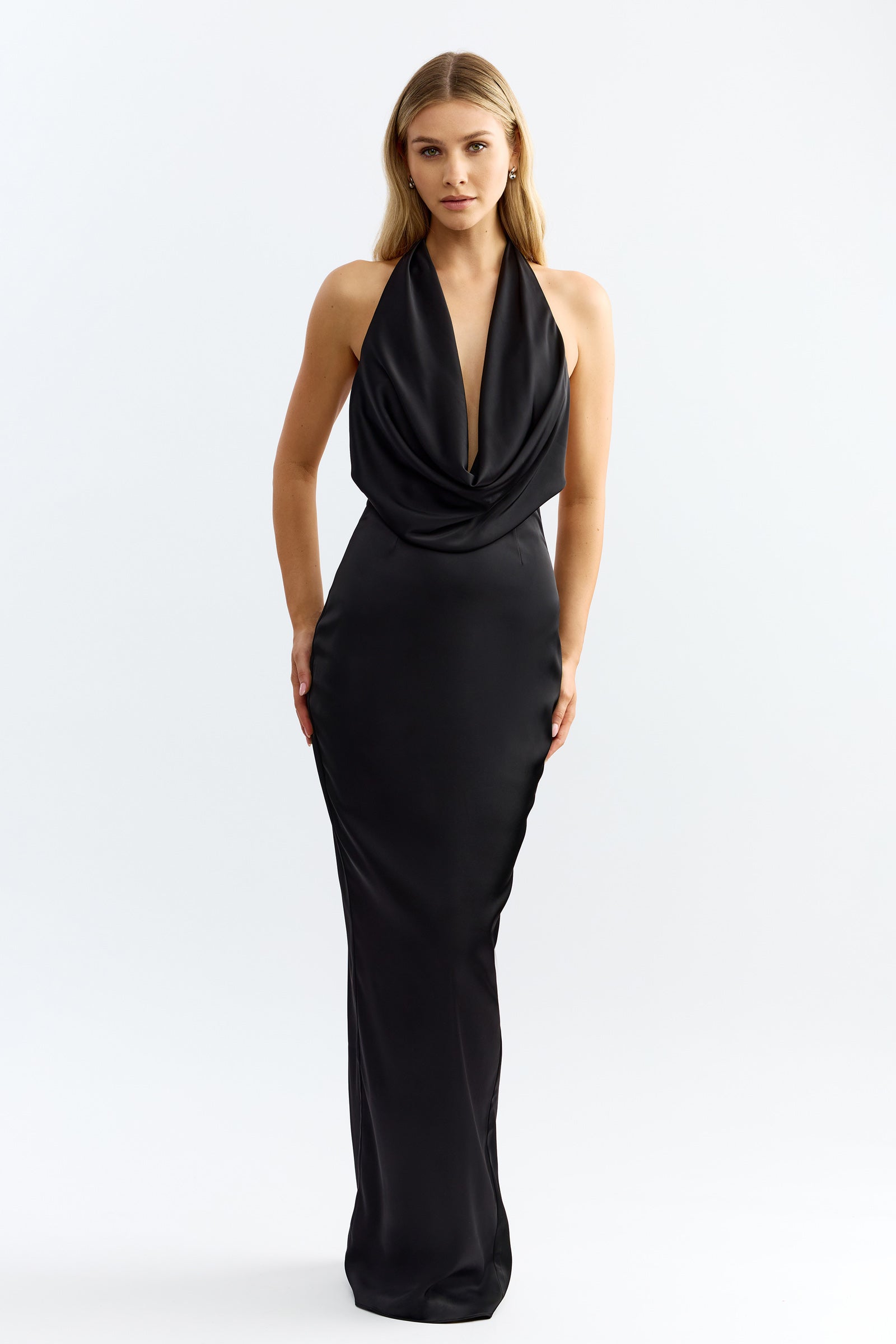 Alice Dress featuring a draped halter neckline and sleek silhouette in black for formal and black tie occasions by Studio Lexi
