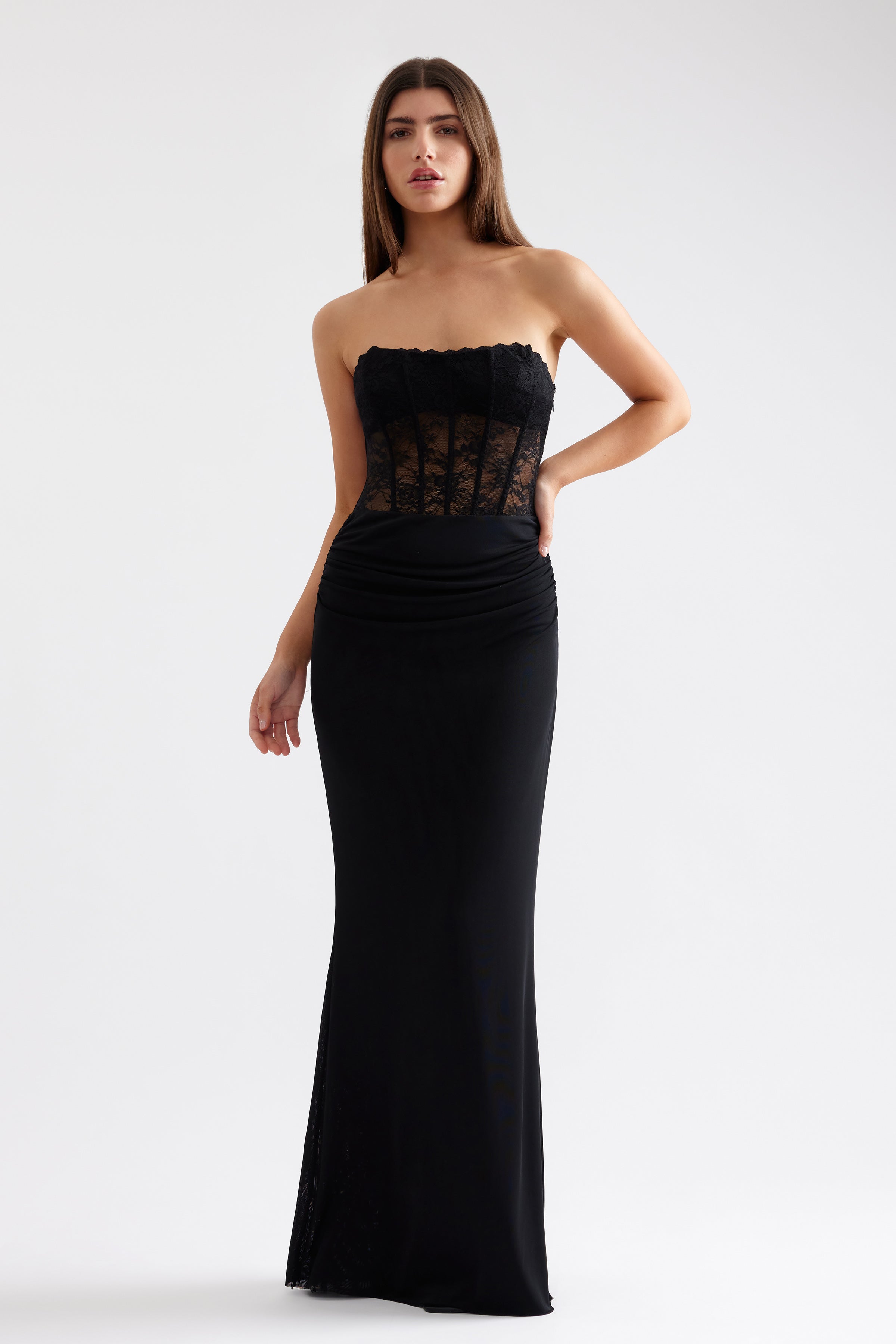 Alla Dress black strapless gown with sheer bodice and ruched waist for formal, cocktail, and black tie occasions by Studio Lexi