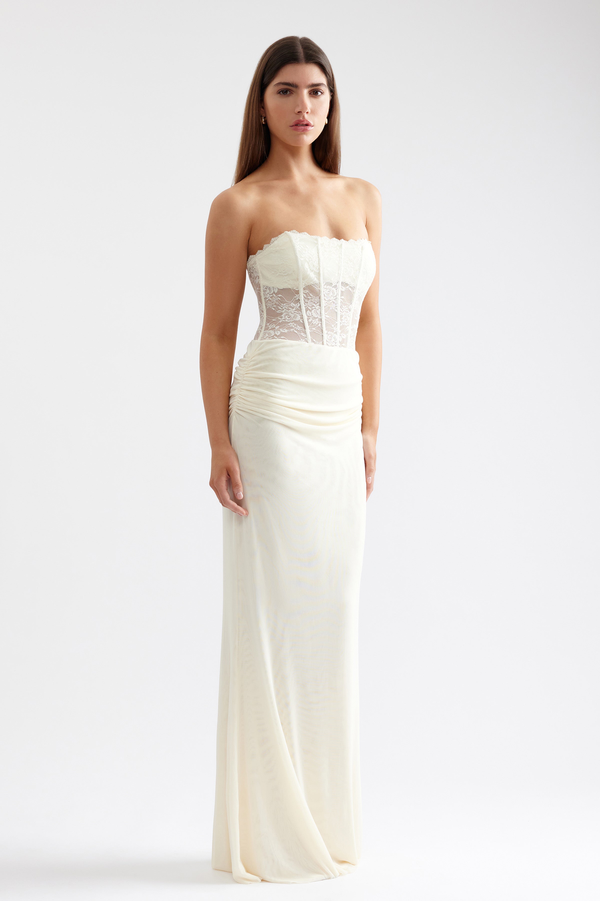 Alla Dress strapless design with sheer lace bodice and ruched skirt in butter cream for formal and black tie occasions by Studio Lexi