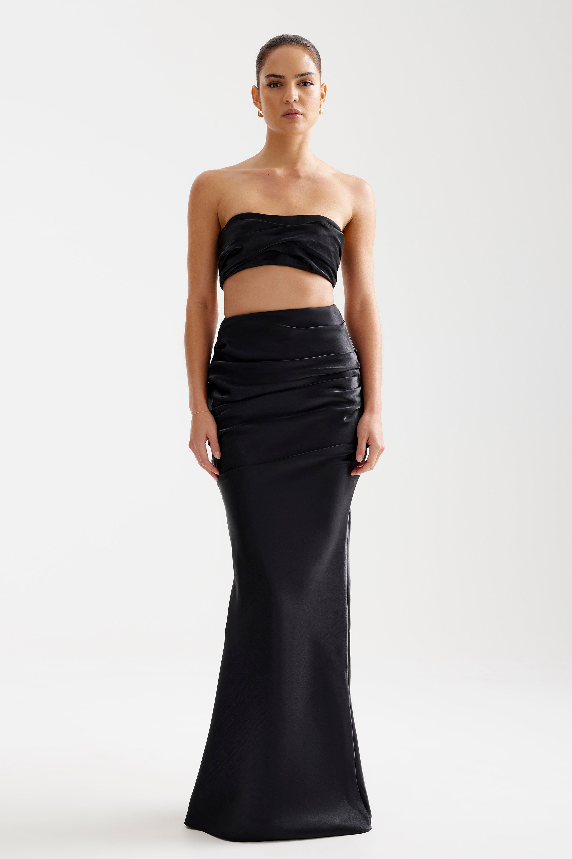 Ariana Set featuring strapless bra-friendly top and ruched high-waisted skirt in black for formal and cocktail by Studio Lexi