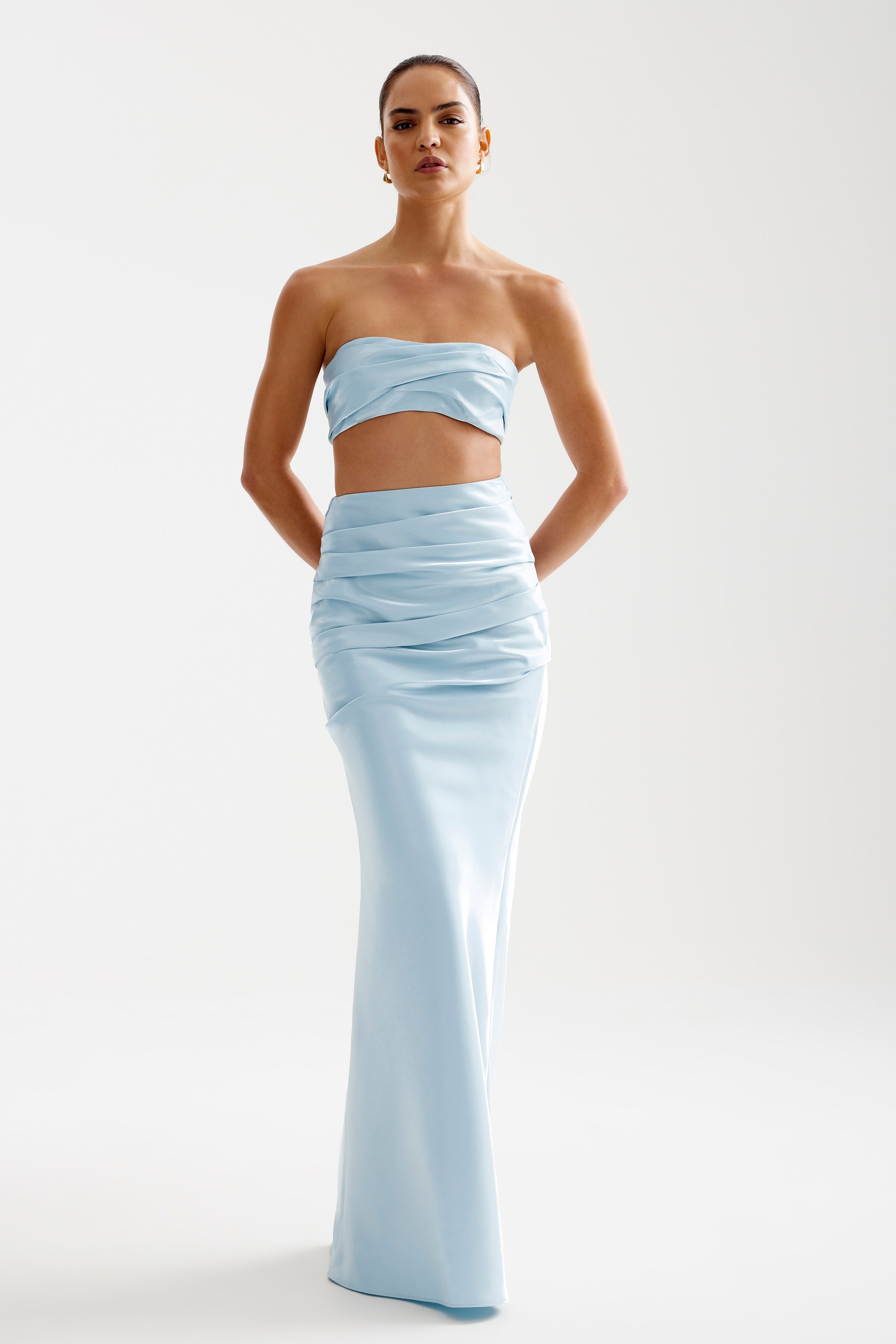 Ariana Set featuring a strapless bra-friendly top and ruched high-waisted skirt in pale blue by Studio Lexi