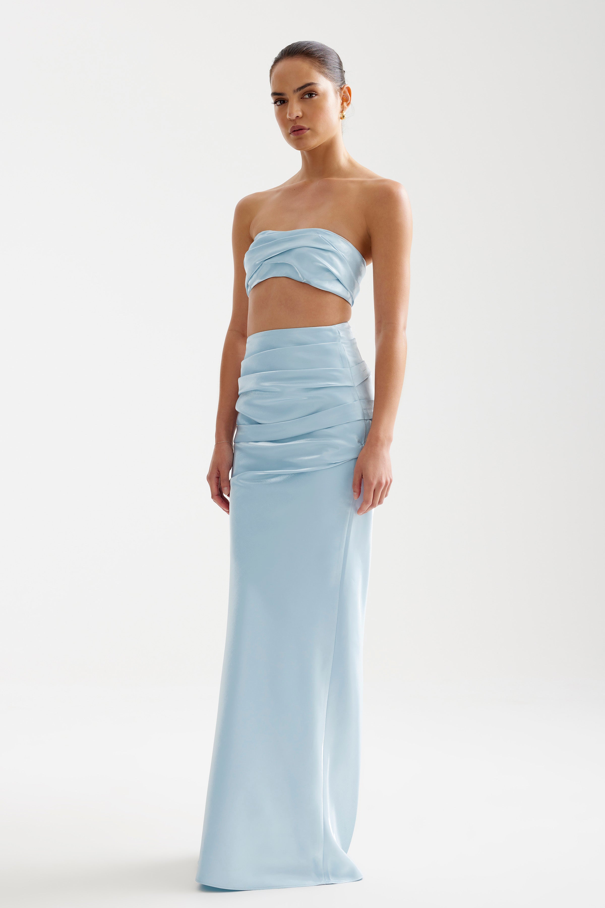 Ariana Set featuring a strapless bra-friendly top and ruched high-waisted skirt in glacier blue by Studio Lexi