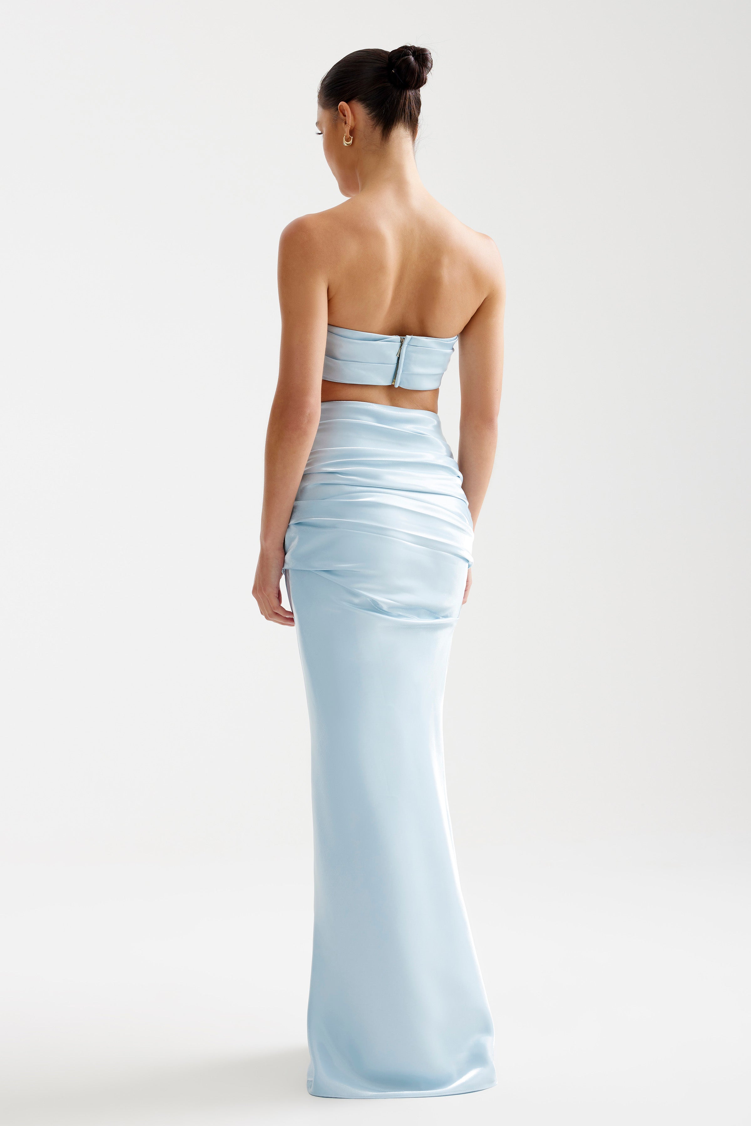 Ariana Set featuring strapless bra friendly top and ruched high waisted skirt in soft glacier blue by Studio Lexi