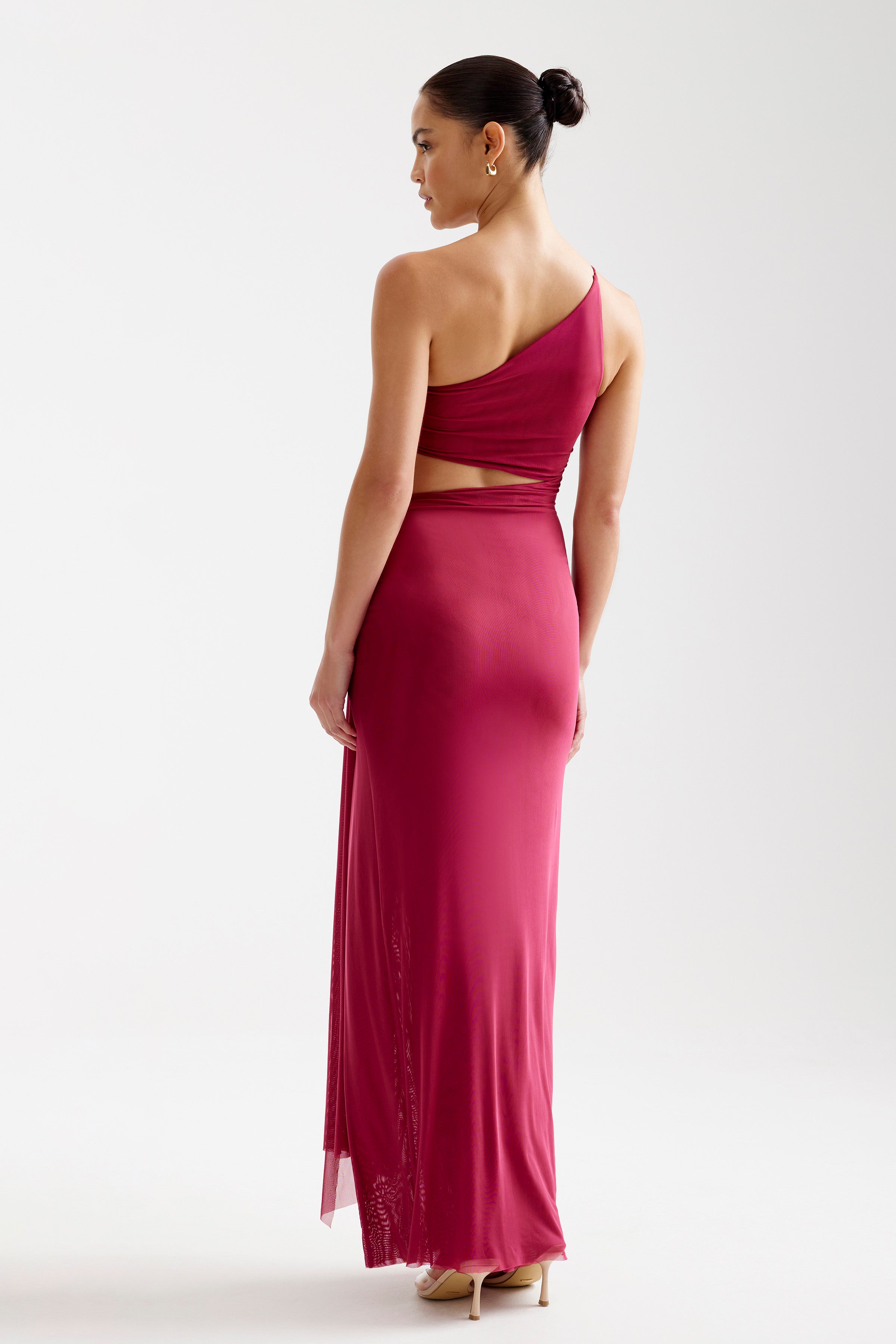 Asha Dress featuring a one-shoulder design with cutout back detail in rich wine for cocktail and formal wear by Studio Lexi