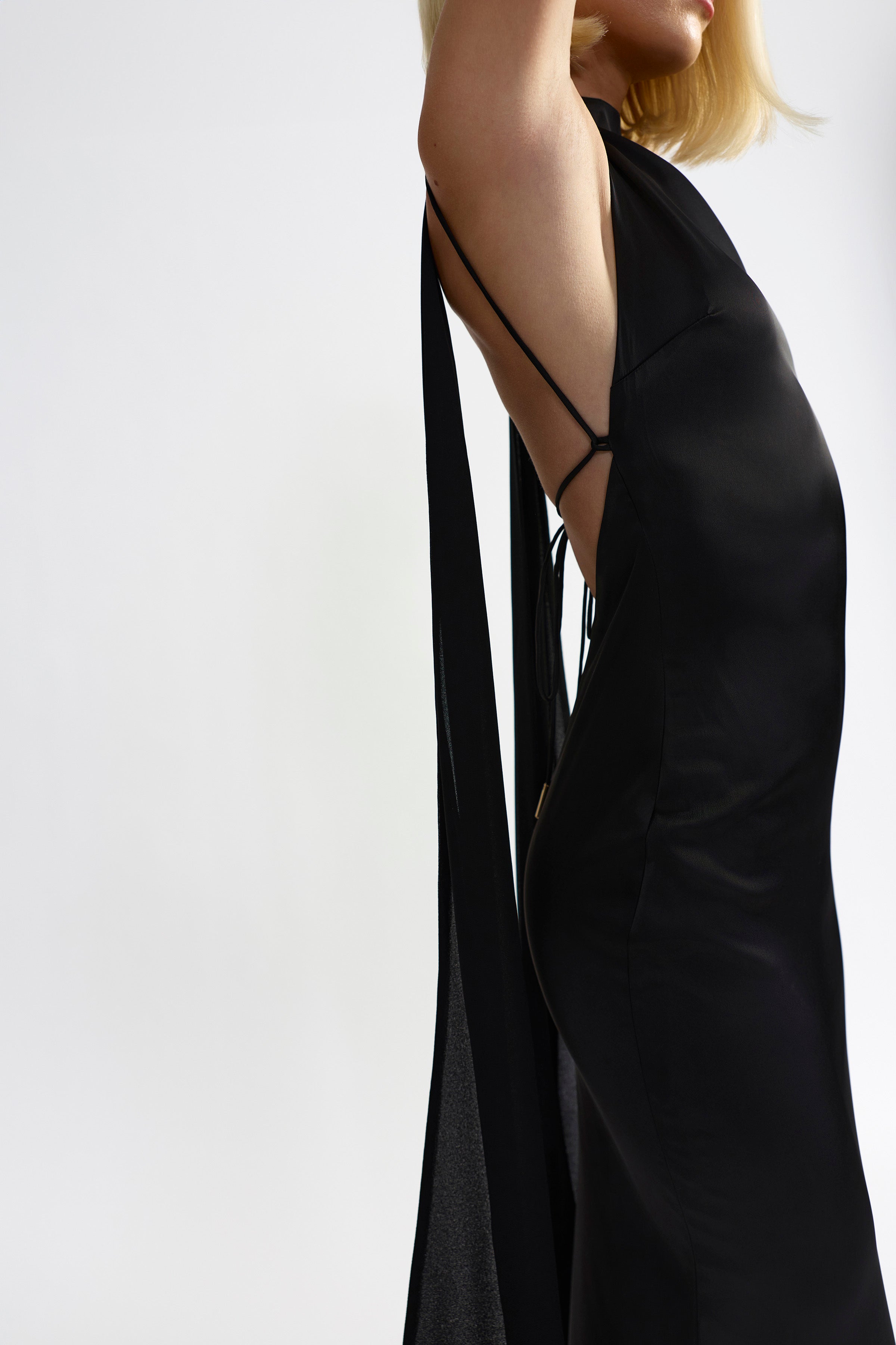 Audrey Dress sleek silhouette with backless cut and delicate straps in black for formal black tie occasions by Studio Lexi