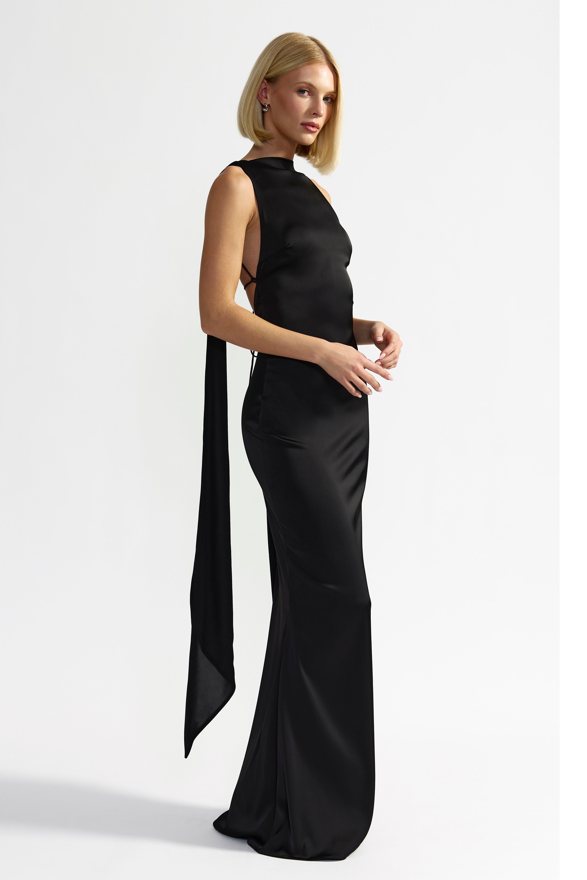 Audrey Dress sleek backless design with halter neck and floor-length silhouette in black for formal occasions by Studio Lexi