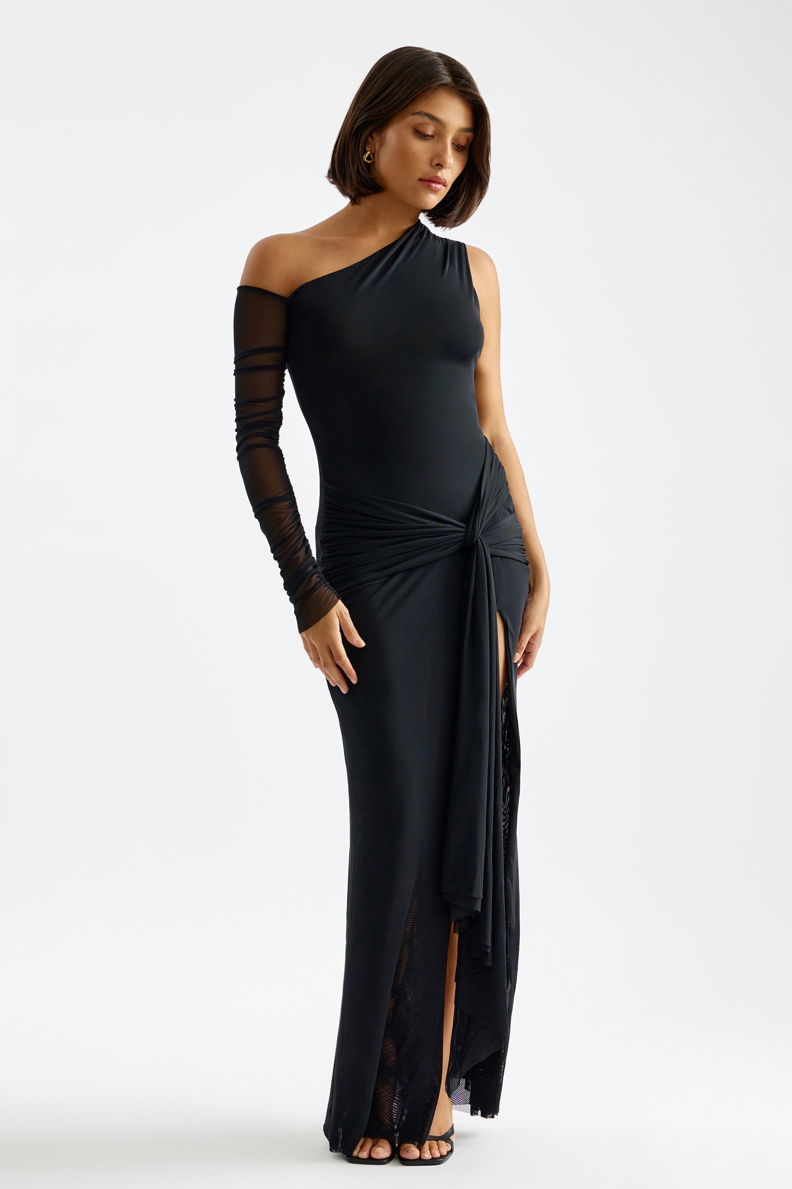 Aurelia Dress one-shoulder design with sheer sleeve and draped knot detail in black for formal and black tie by Studio Lexi