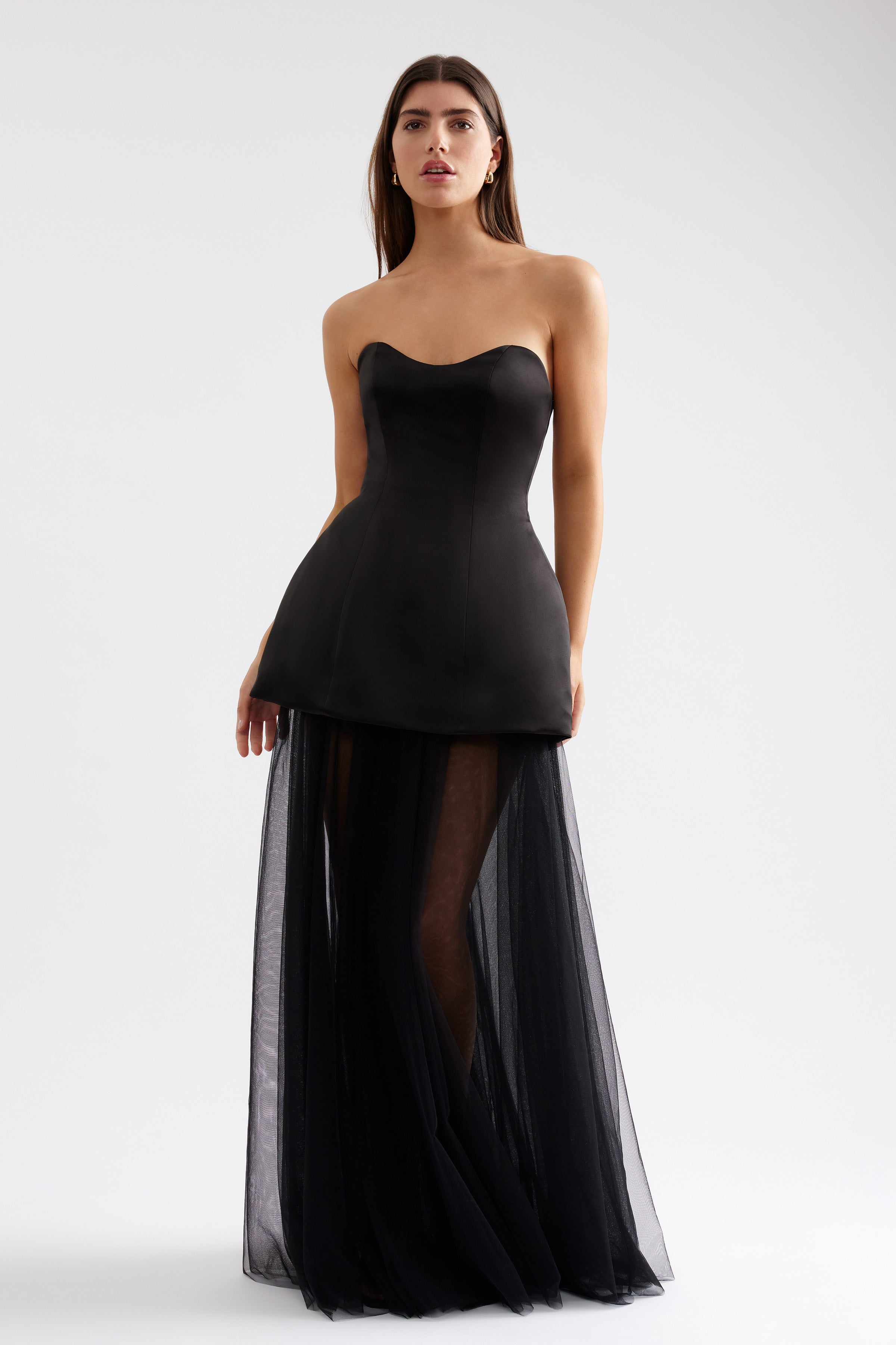 Brigitte Dress strapless fitted bodice with backless design and sheer flowing black tulle skirt for formal black tie events