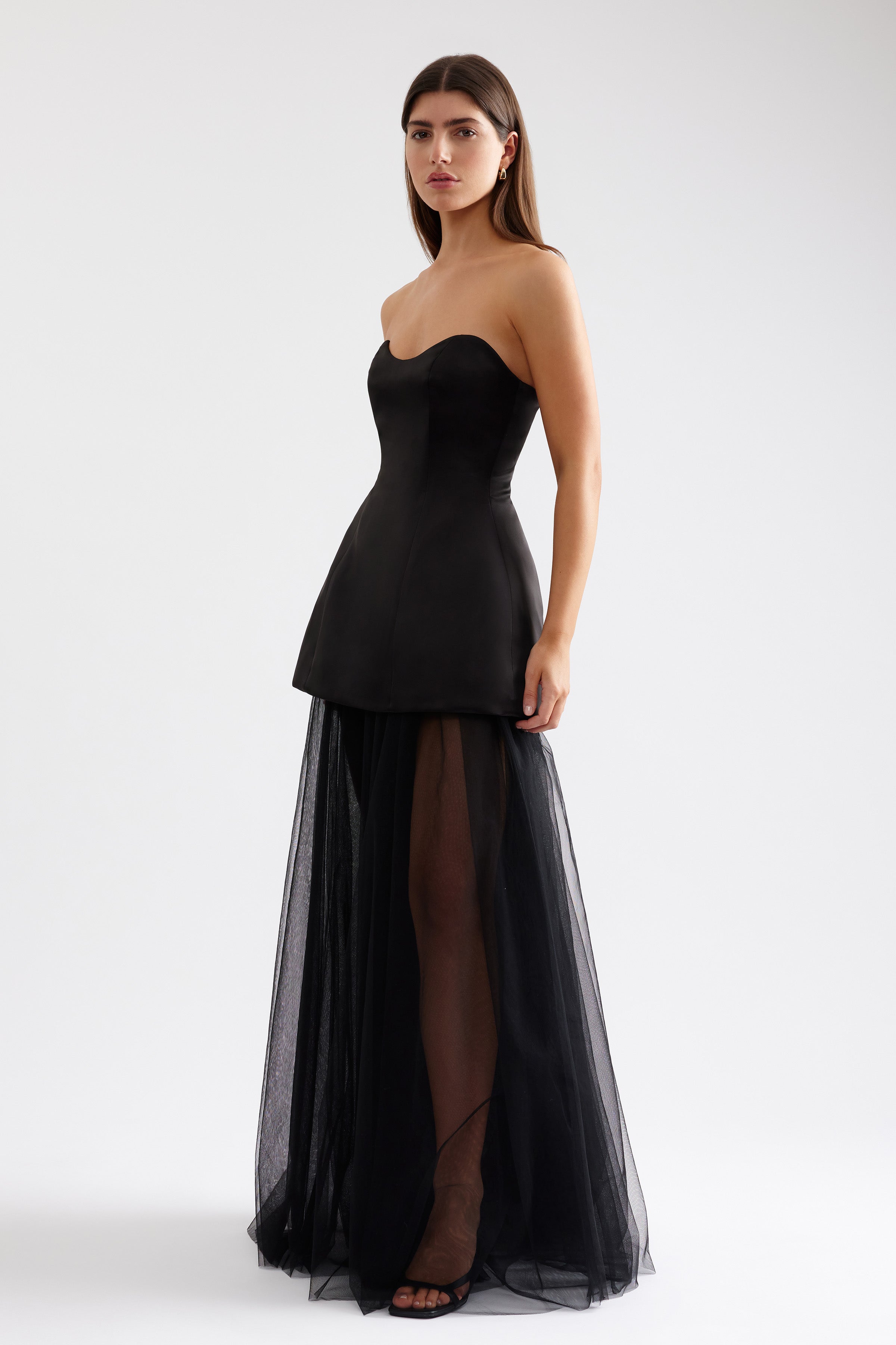Brigitte Dress strapless silhouette with layered tulle skirt in black designed for formal black tie occasions