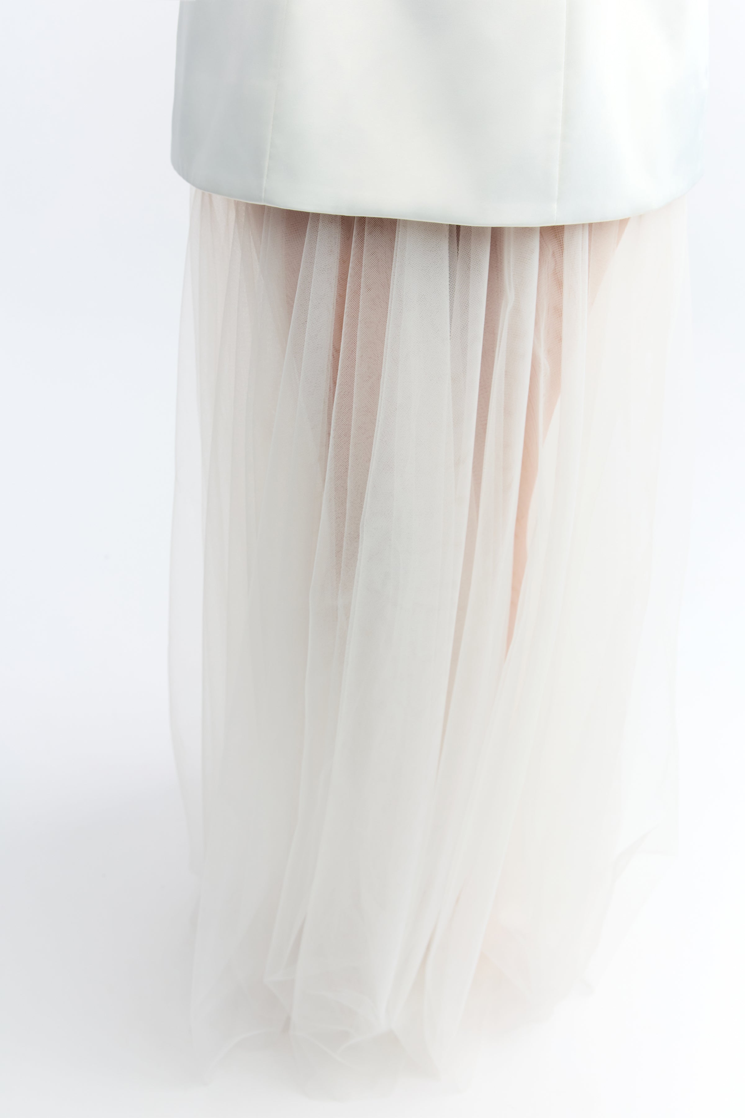 Brigitte Dress featuring sheer flowing skirt overlay in ivory for elegant formal and wedding guest styling by Studio Lexi