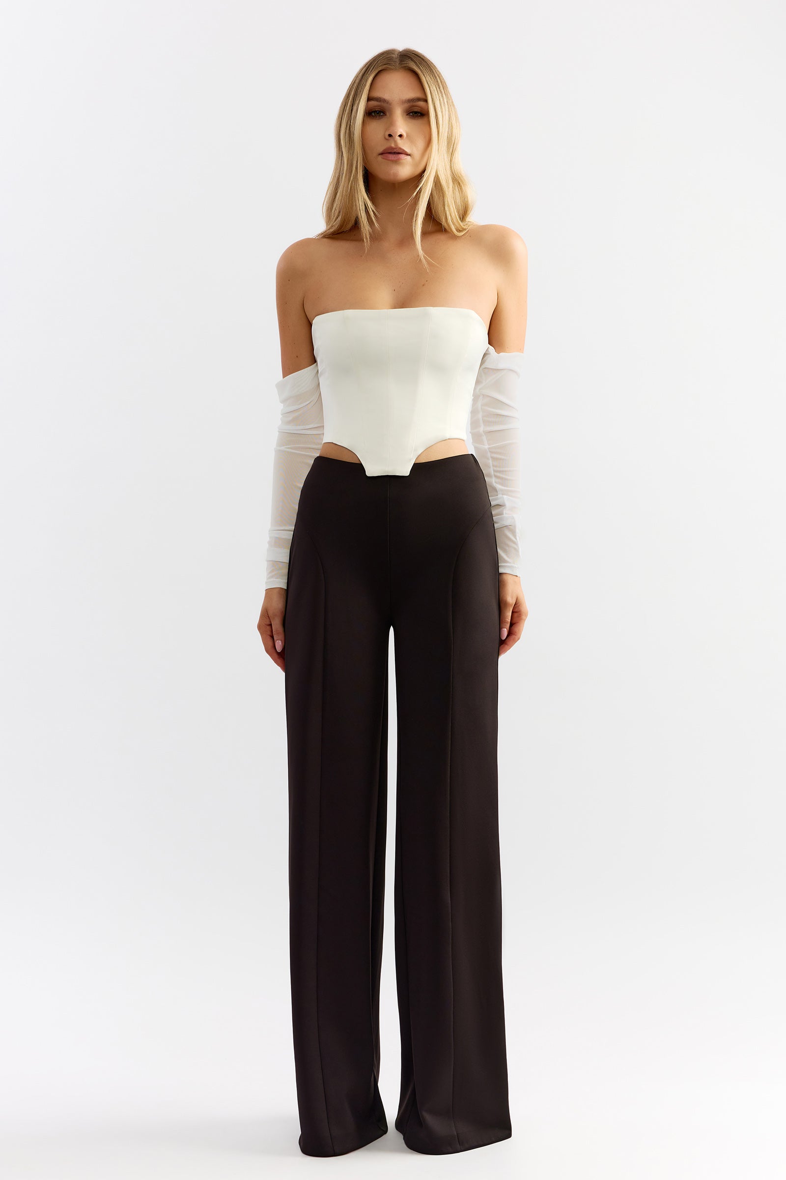 Cameron Top featuring strapless corset style with sheer long sleeves in ivory for elegant party wear by Studio Lexi