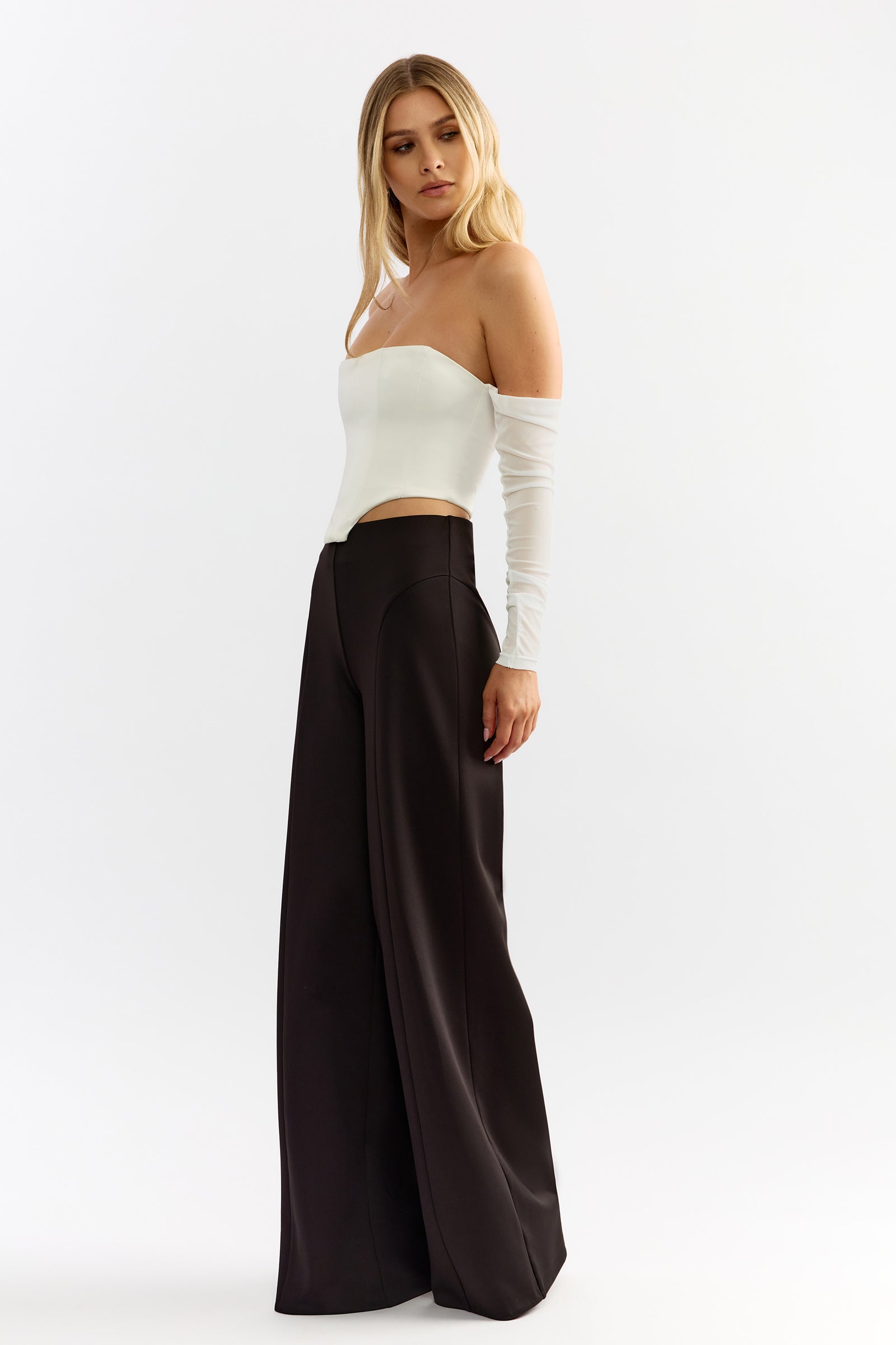 Cameron Top featuring strapless neckline and detachable sheer long sleeves in ivory for elegant party wear by Studio Lexi