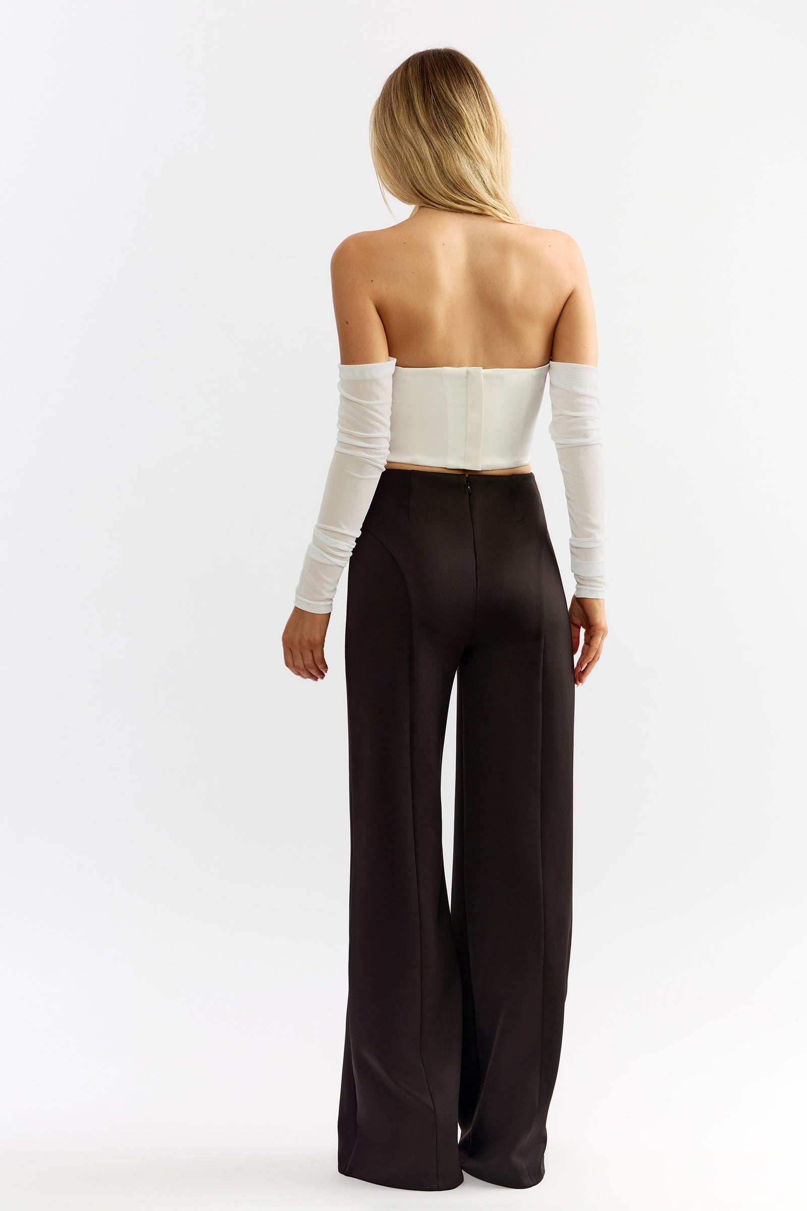 Cameron Top featuring off-shoulder long sleeves and back zipper detail in ivory for elegant party wear by Studio Lexi