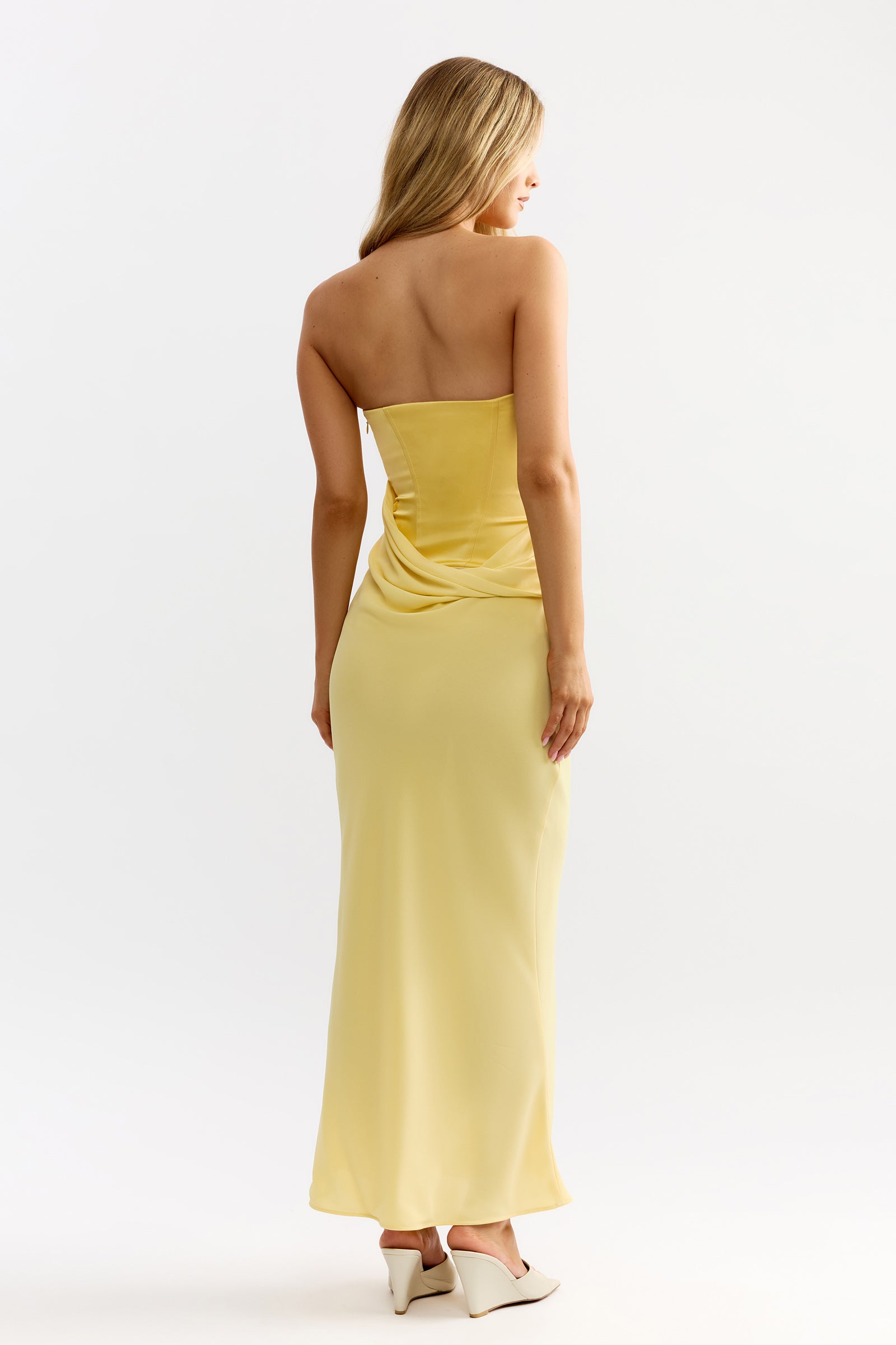 Cassie Dress Sunflower Strapless Satin Midi Dress | Studio Lexi Cassie Dress Sunflower Strapless Satin Midi Dress | Studio Lexi
