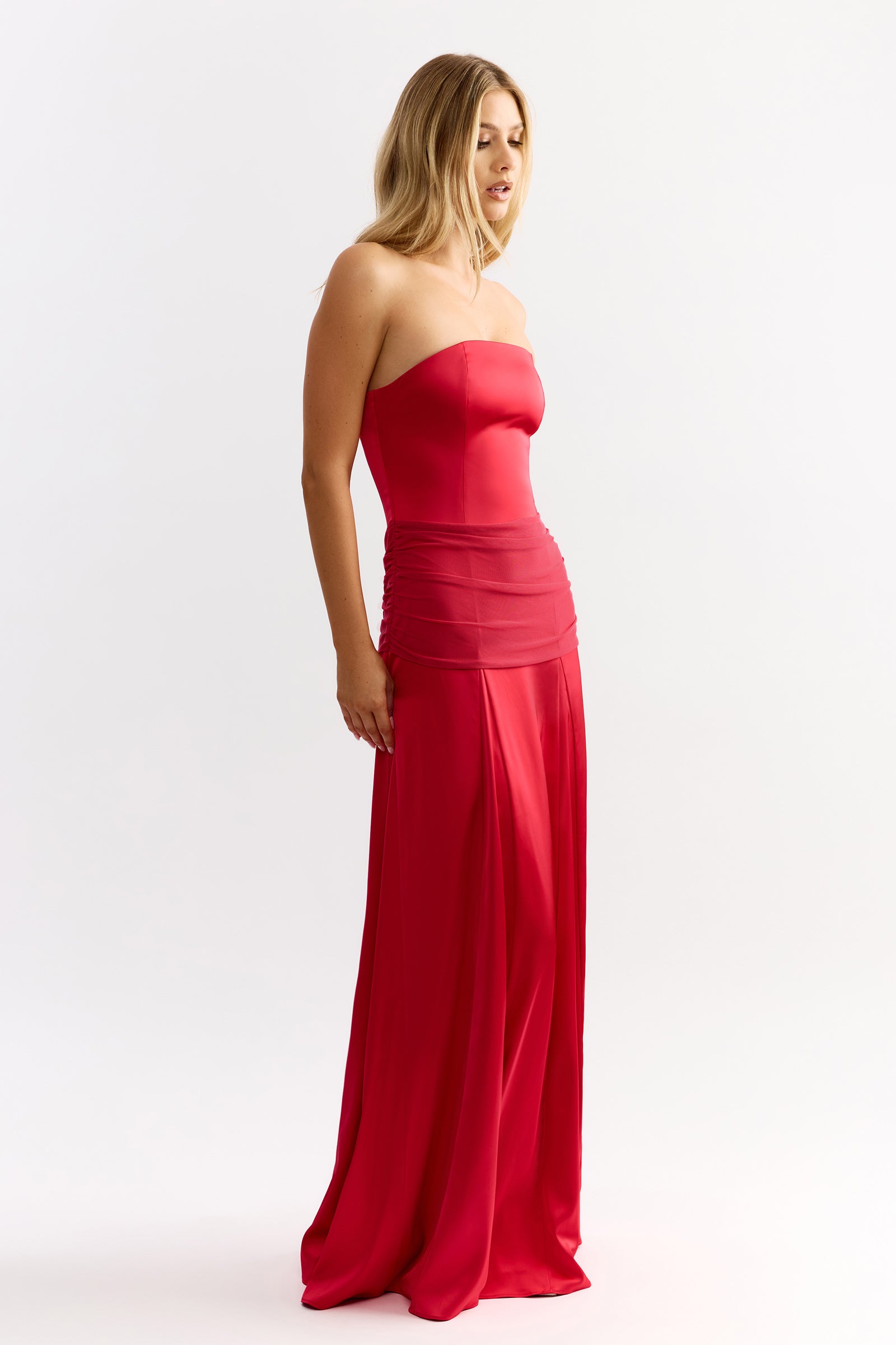 Celine Dress Raspberry Strapless Satin Gown Mesh Panel | Studio Lexi Celine Dress Raspberry Strapless Satin Gown Mesh Panel | Studio Lexi
