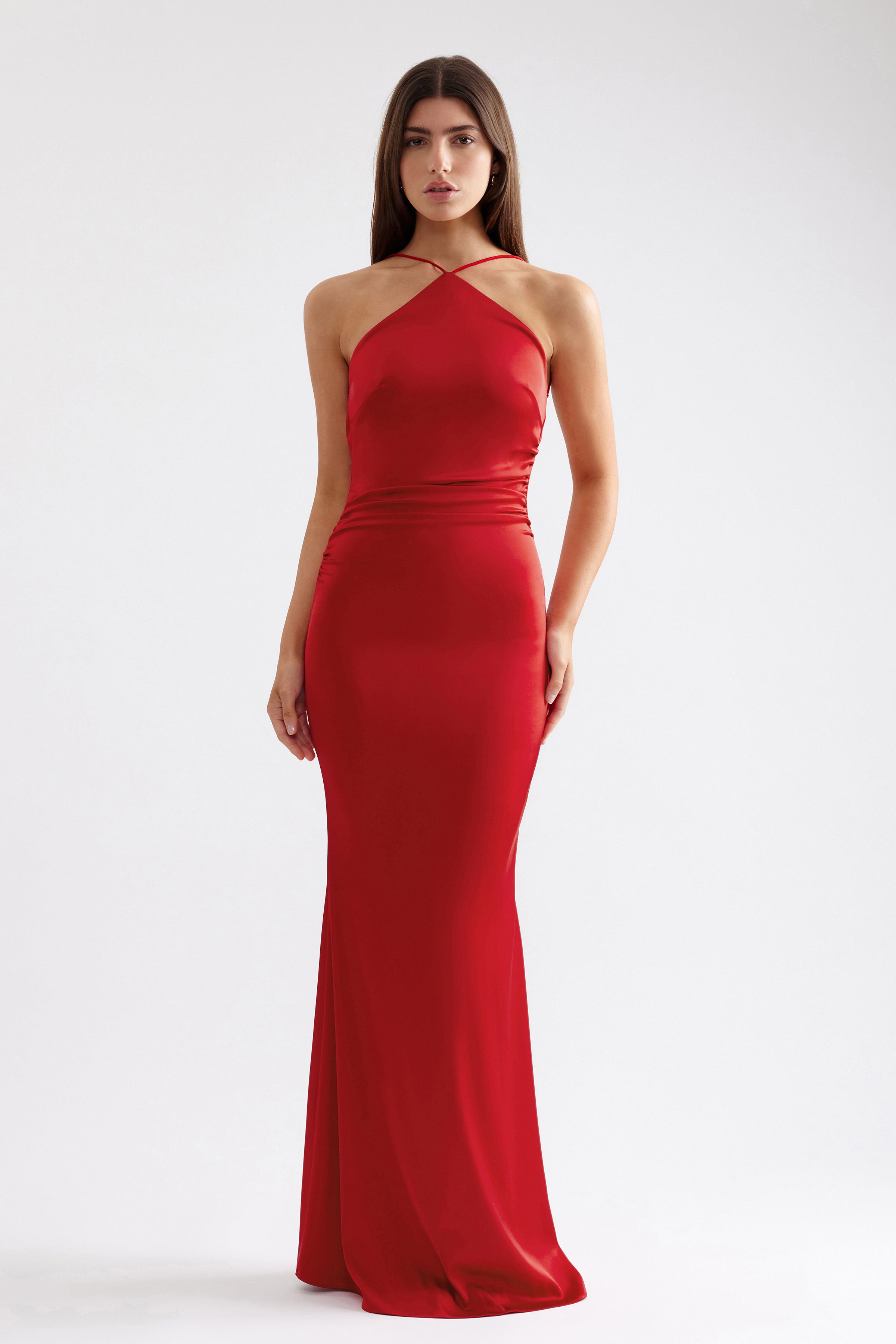Claudette Dress sleek fitted silhouette with halter neckline and backless detail in scarlet for formal occasions by Studio Lexi