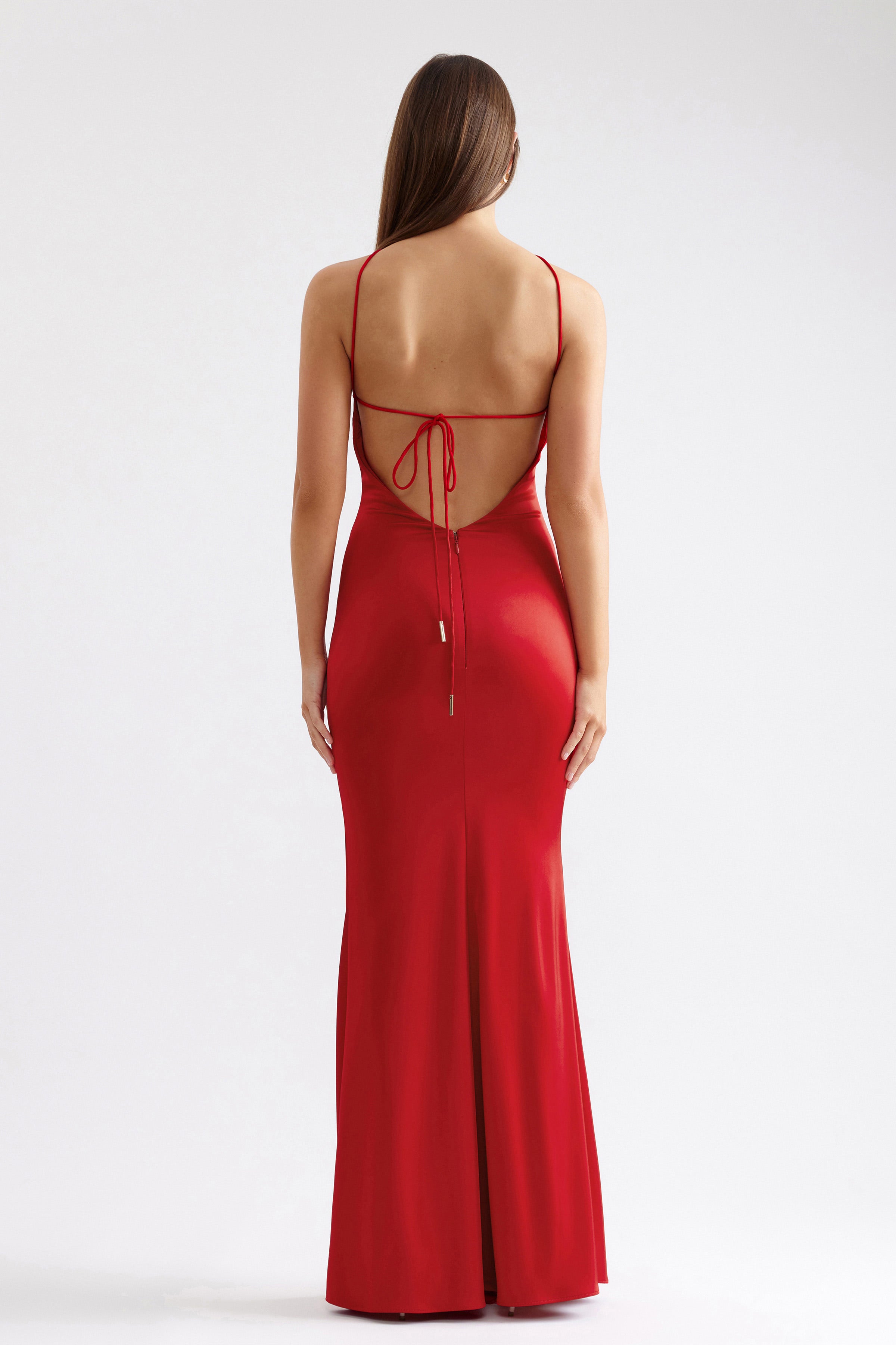 Claudette Dress sleek silhouette with backless open back and tie detail in scarlet for formal and black tie occasions by Studio Lexi