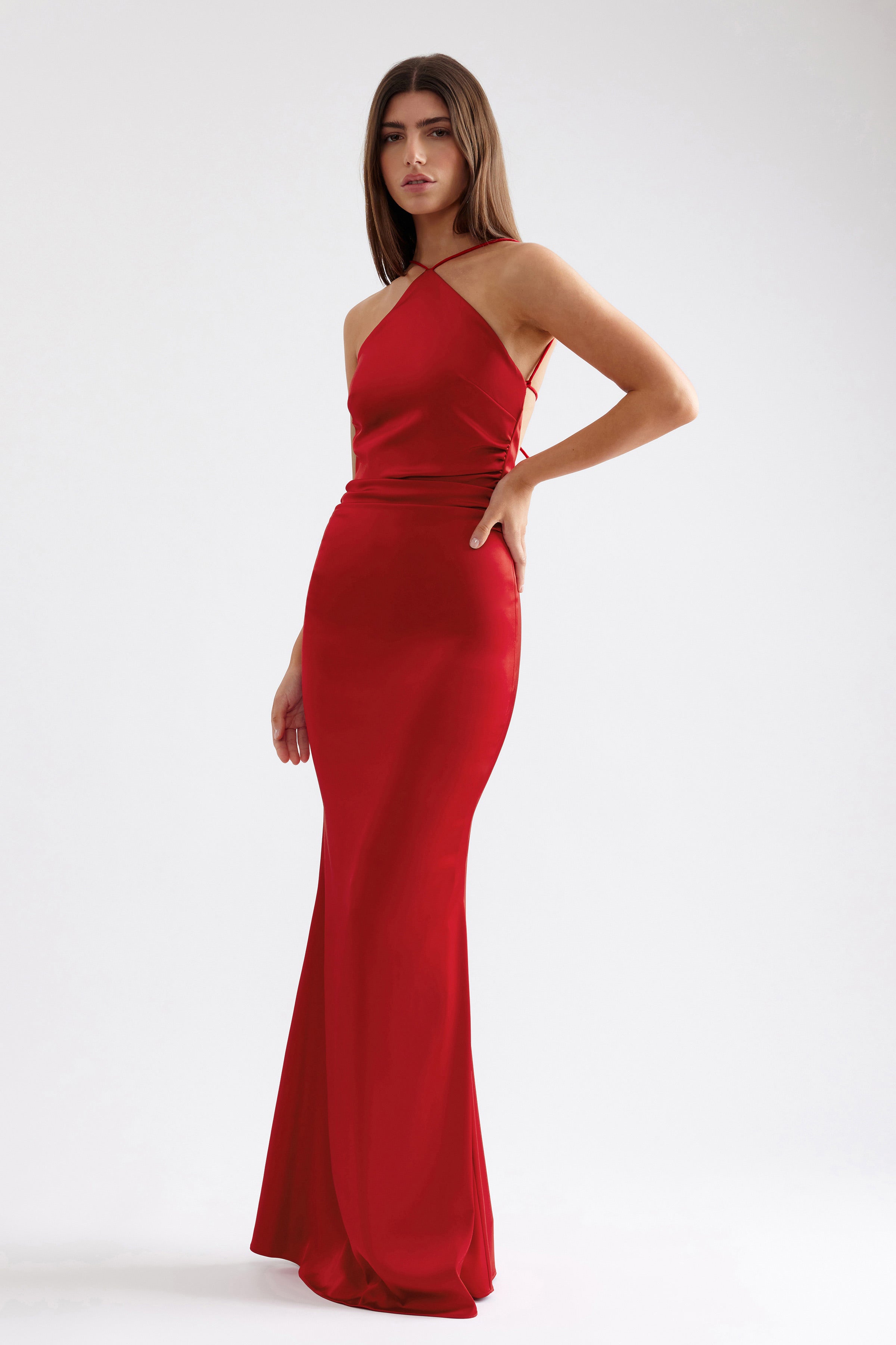 Claudette Dress sleek fitted design with halter neckline and backless detail in scarlet for formal and black tie occasions by Studio Lexi