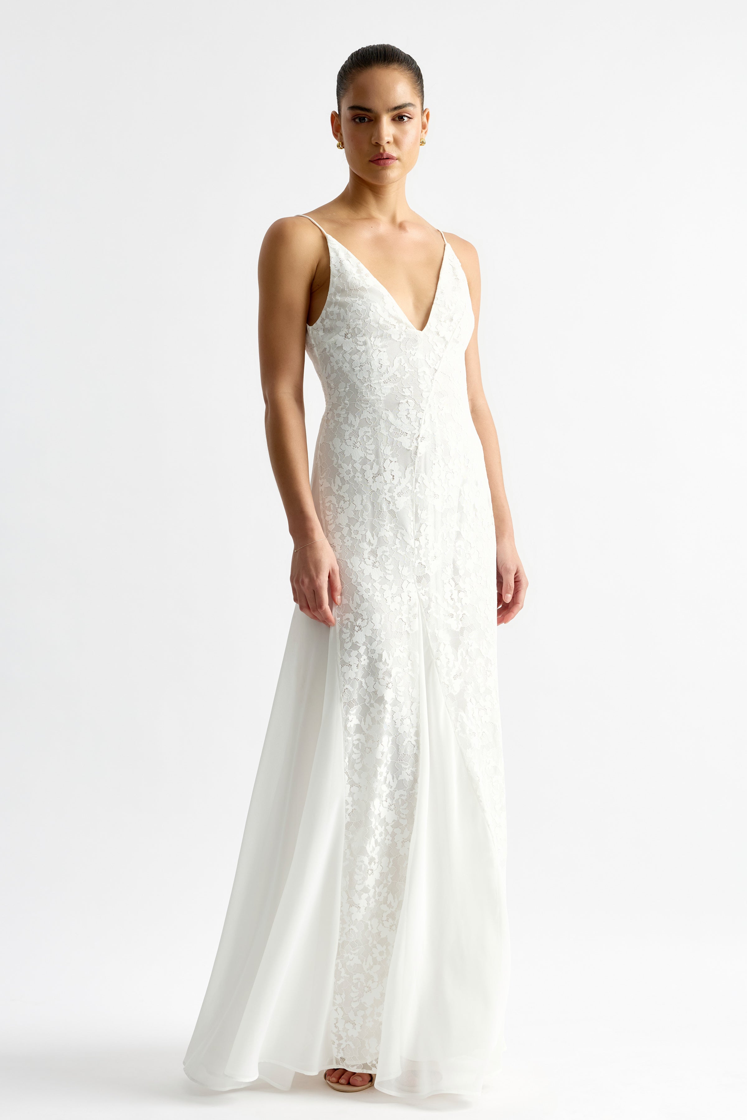 Corina Dress with fitted silhouette and lace overlay with flowing skirt in white for formal or wedding by Studio Lexi