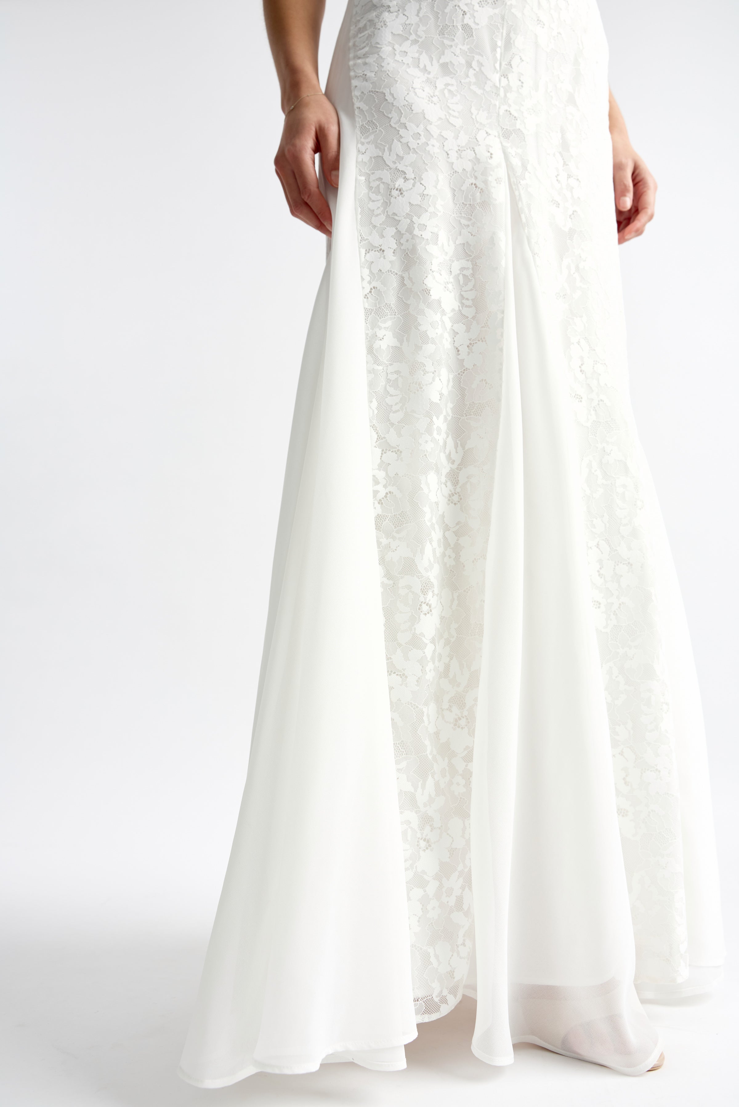 Corina Dress flowing skirt with lace panel detail in white for elegant formal or wedding occasion by Studio Lexi