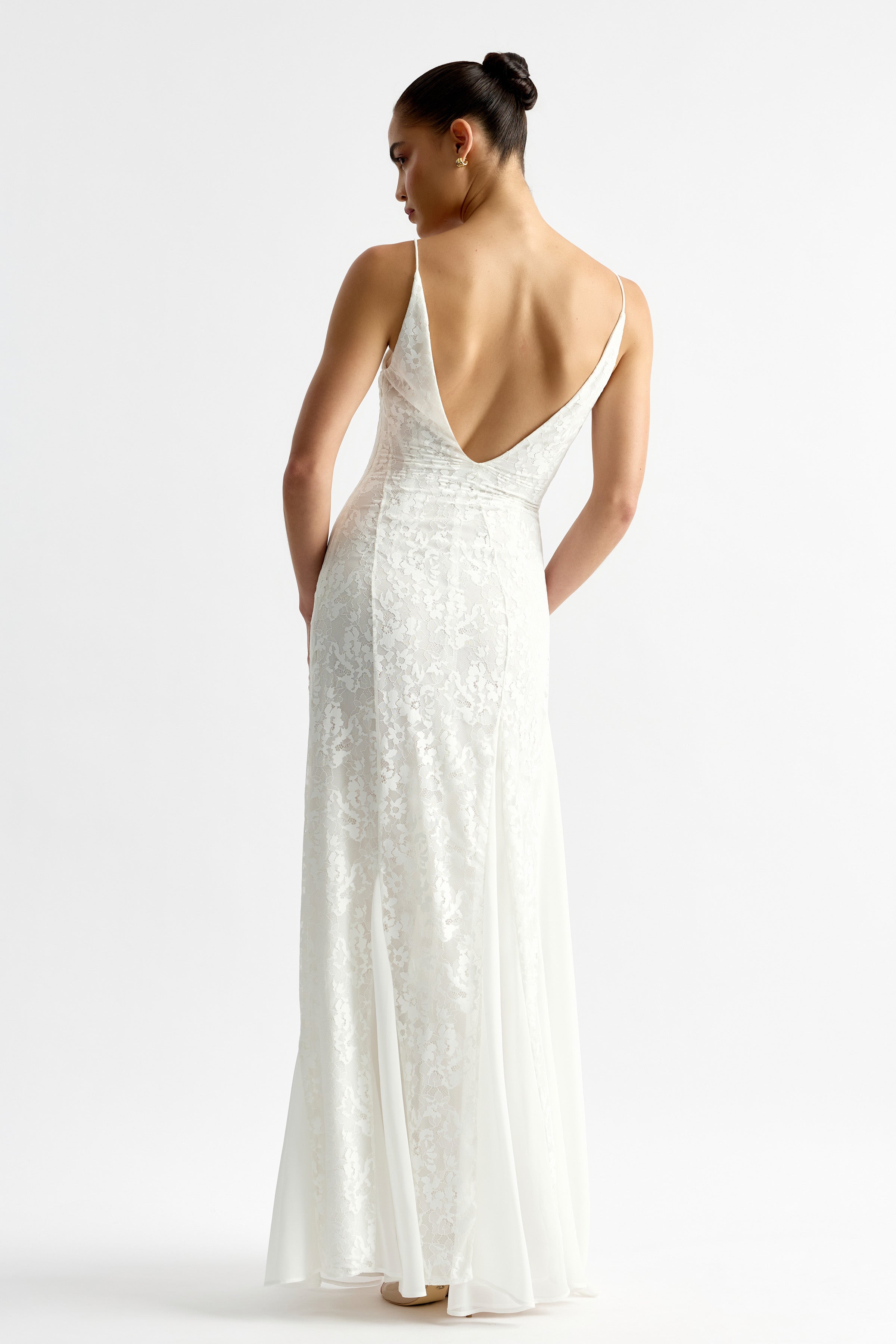 Corina Dress with backless design and delicate lace detailing in white for sophisticated evening or formal wear by Studio Lexi