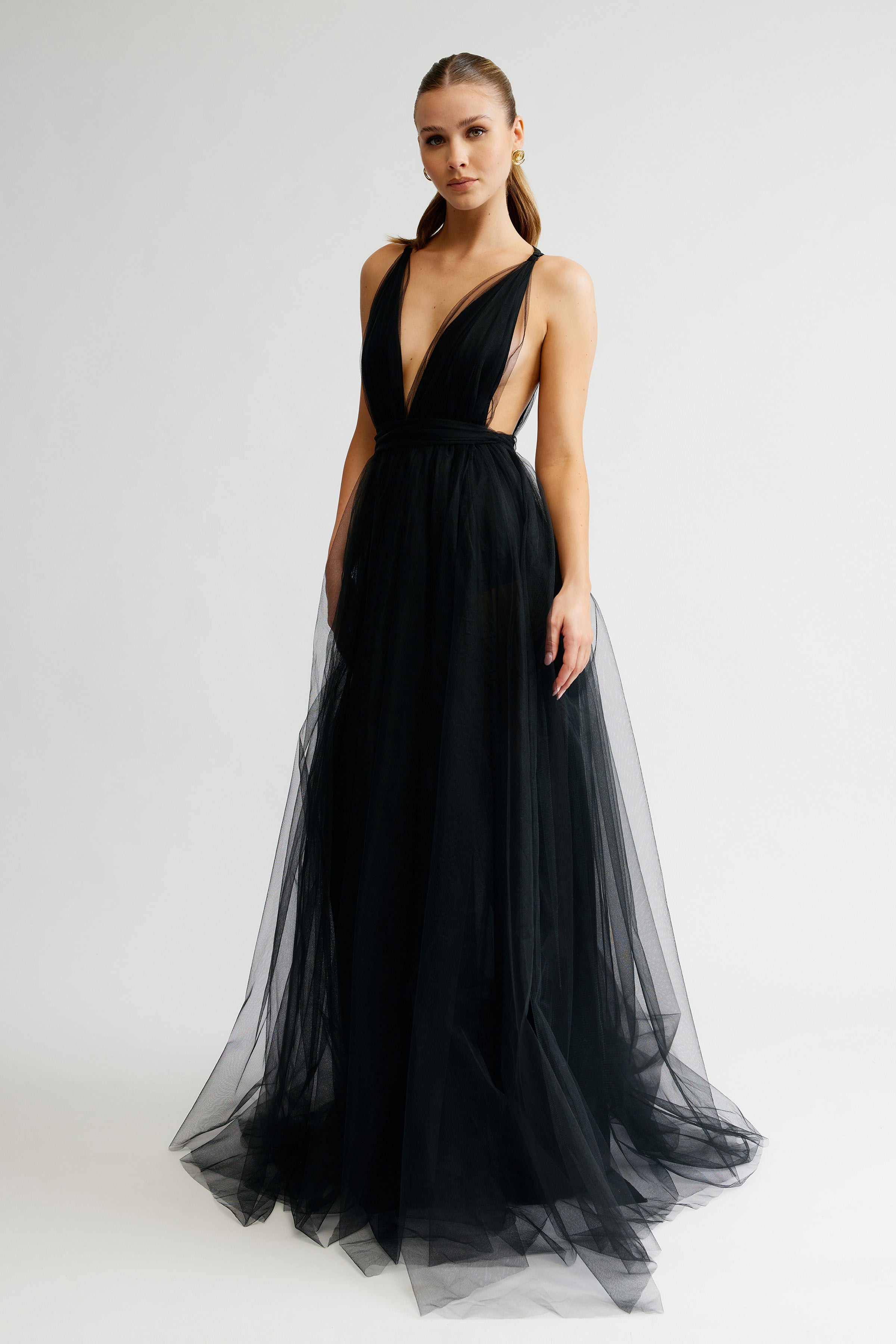 Cynthia Dress featuring a deep V neckline and flowing black tulle skirt with small train for black tie events by Studio Lexi