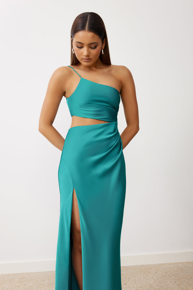 Delta Dress featuring an asymmetric one-shoulder cut-out bodice and high side split in ocean blue satin for formal events