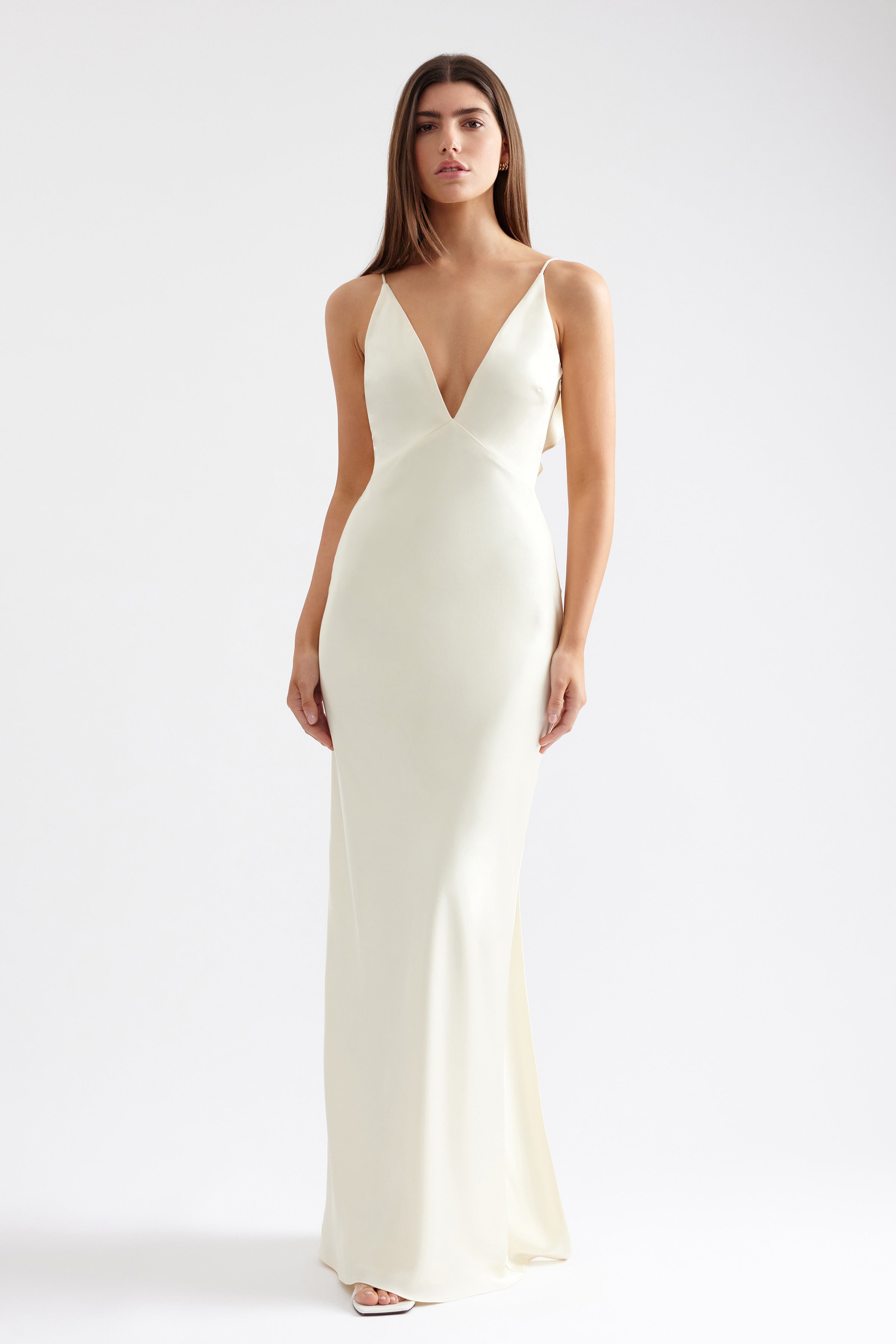 Diana Dress sleek fitted design with deep V neckline and bra-friendly silhouette in soft butter cream by Studio Lexi