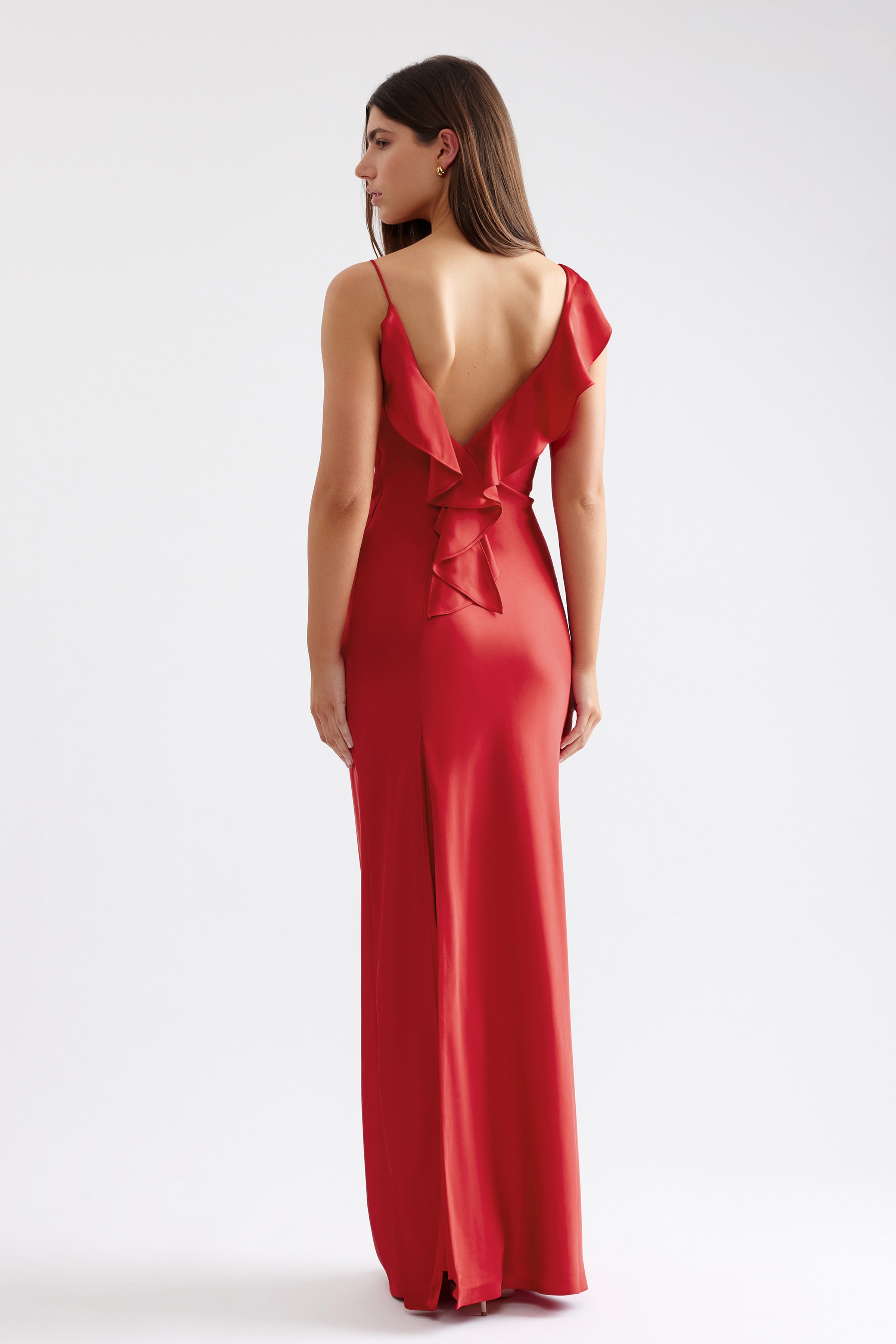 Diana Dress featuring backless design with ruffle detail and slim fit in scarlet for black tie occasions by Studio Lexi
