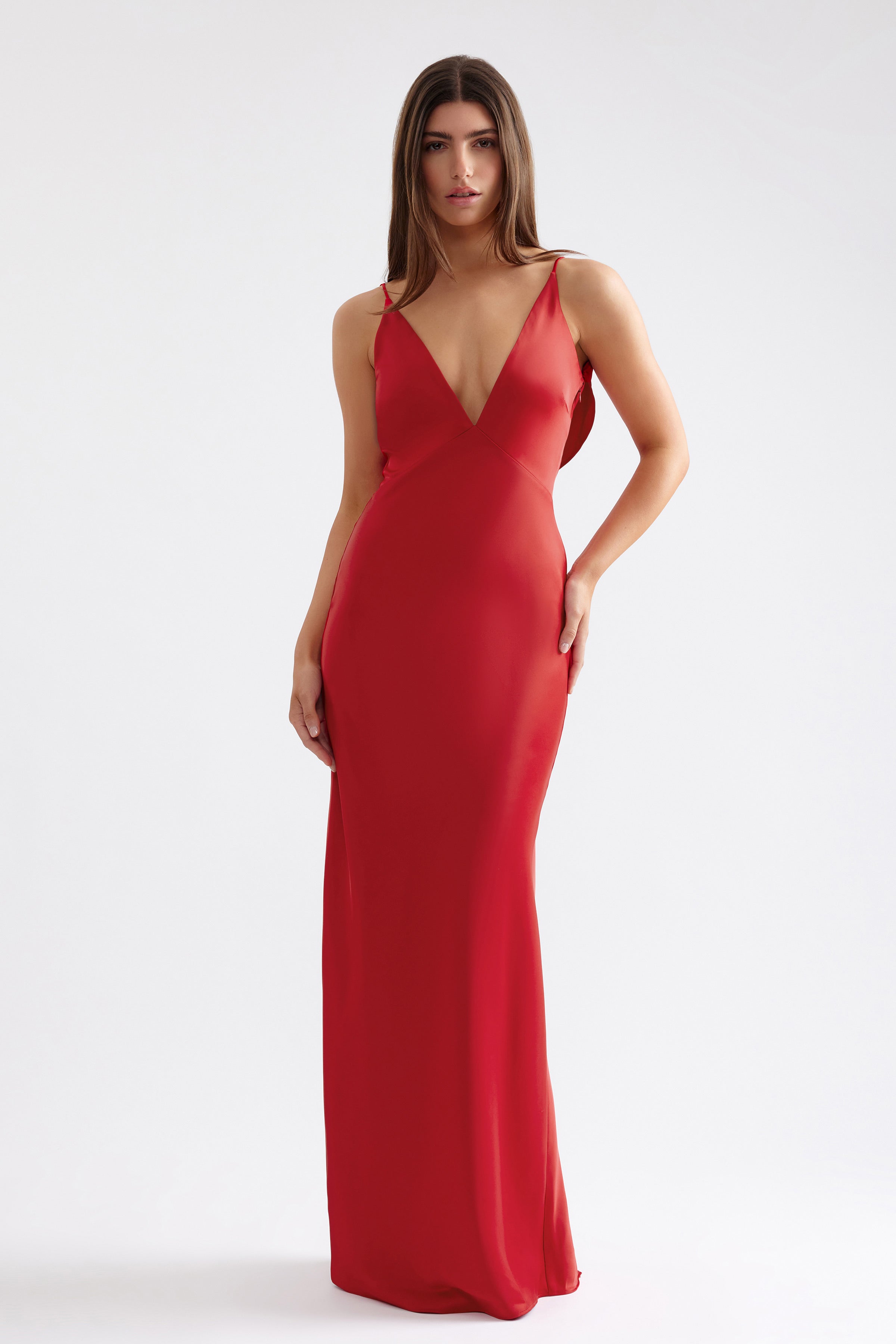 Diana Dress sleek silhouette with deep V neckline and subtle back detail in scarlet for formal occasions by Studio Lexi