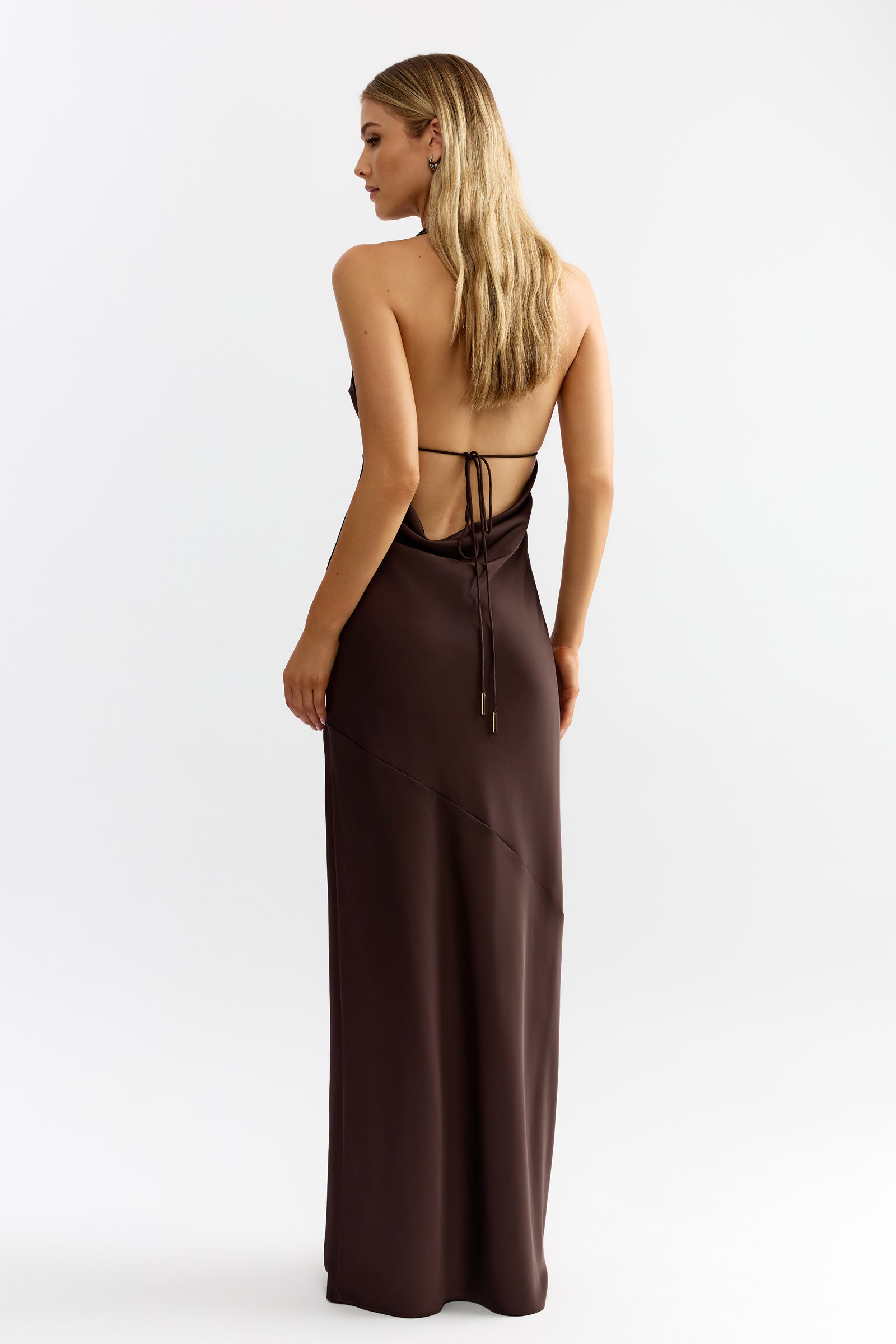 Diaz Dress backless design with tie detail in rich chocolate brown for elegant formal and black tie occasions