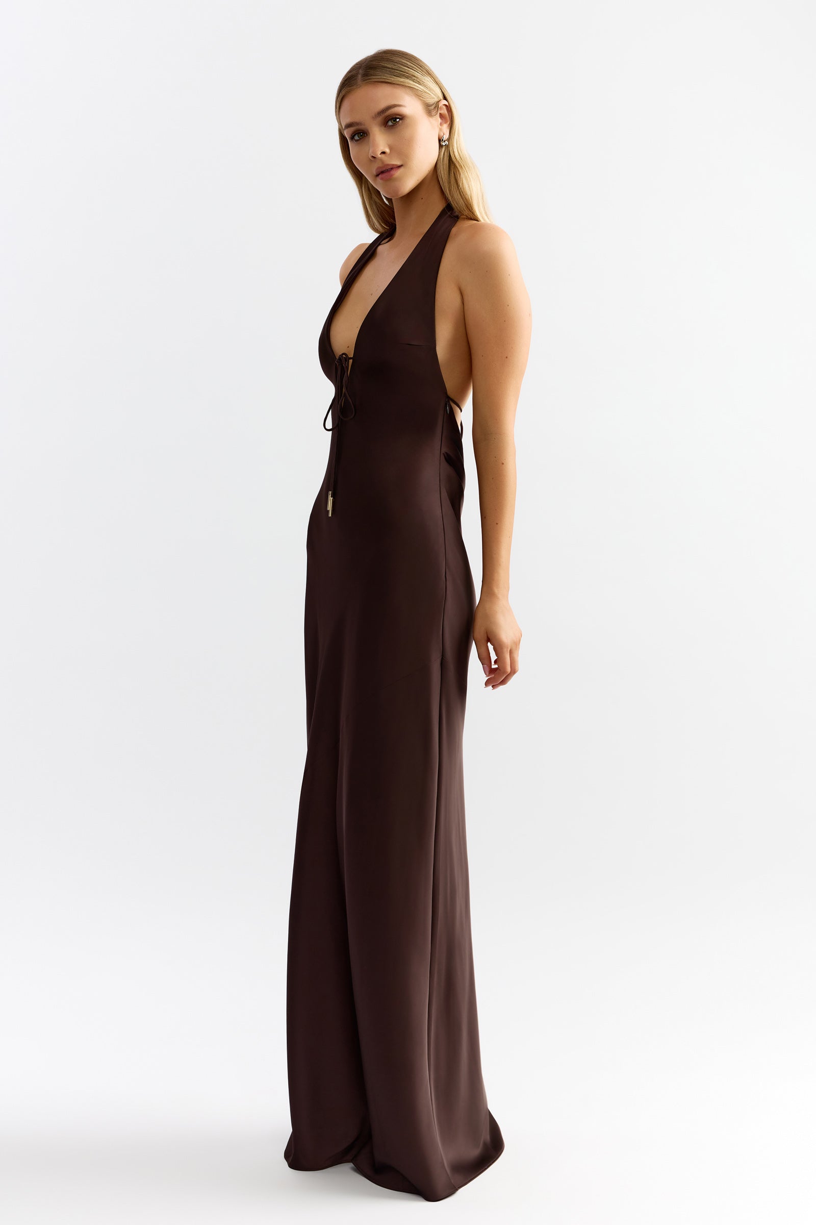 Diaz Dress Chocolate Halter Backless Gown | Studio Lexi Diaz Dress Chocolate Halter Backless Gown | Studio Lexi