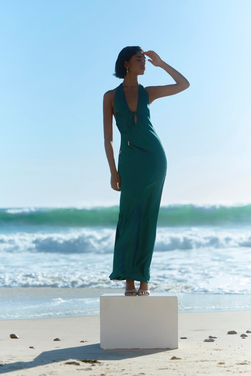 Diaz Dress featuring a halter neckline with keyhole detail in emerald green for formal and evening occasions by Studio Lexi