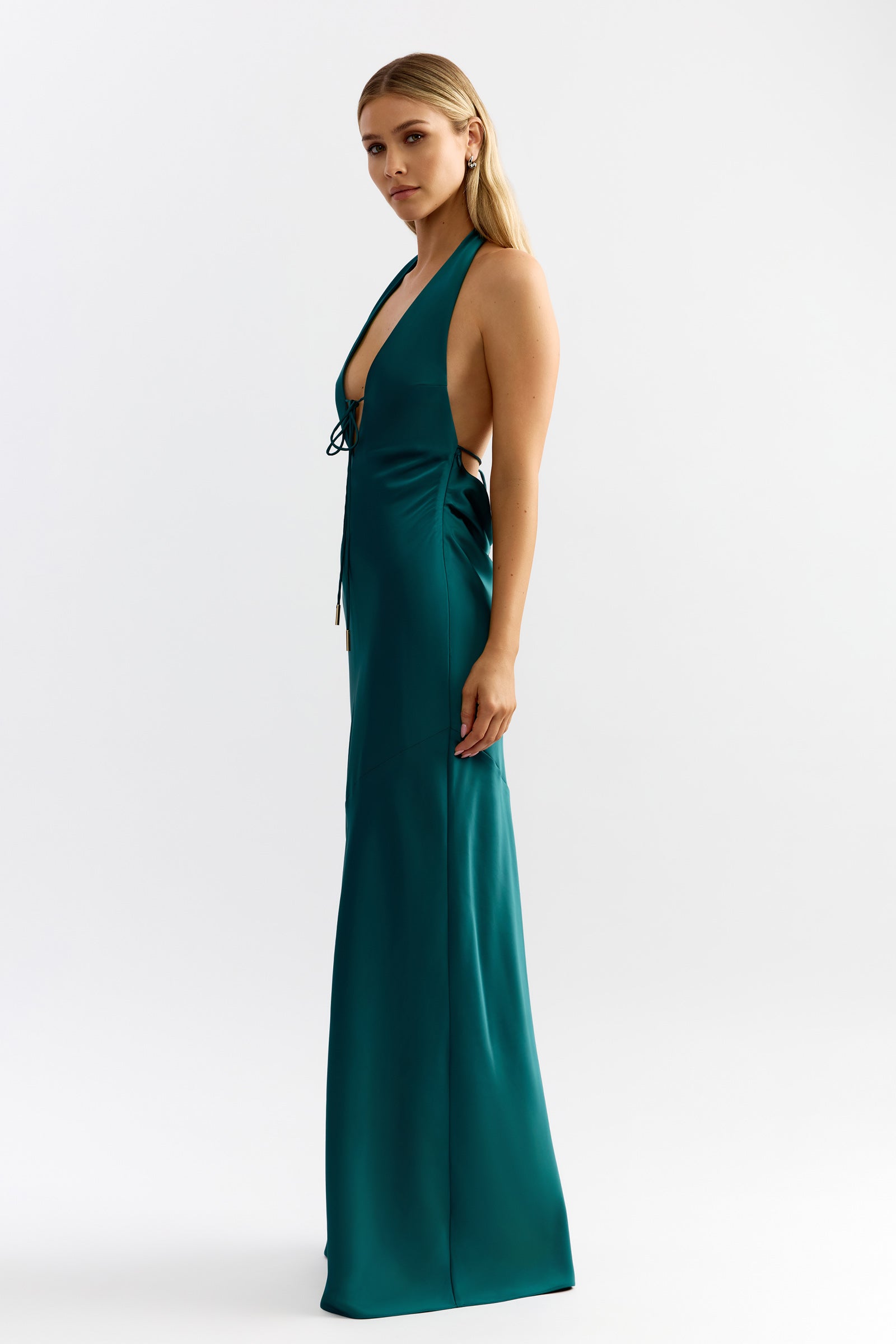 Diaz Dress Emerald Satin Gown Halter Floor | Studio Lexi Diaz Dress Emerald Satin Gown Halter Floor | Studio Lexi