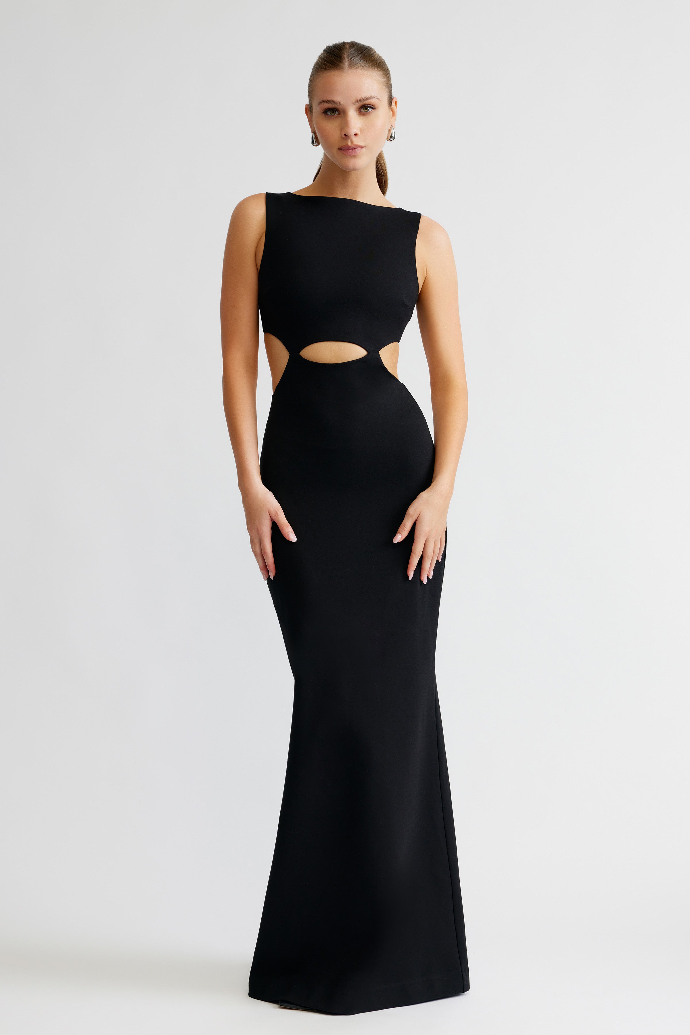 Elise Dress sleeveless fitted gown with side and front cutouts in black for elegant formal evening wear