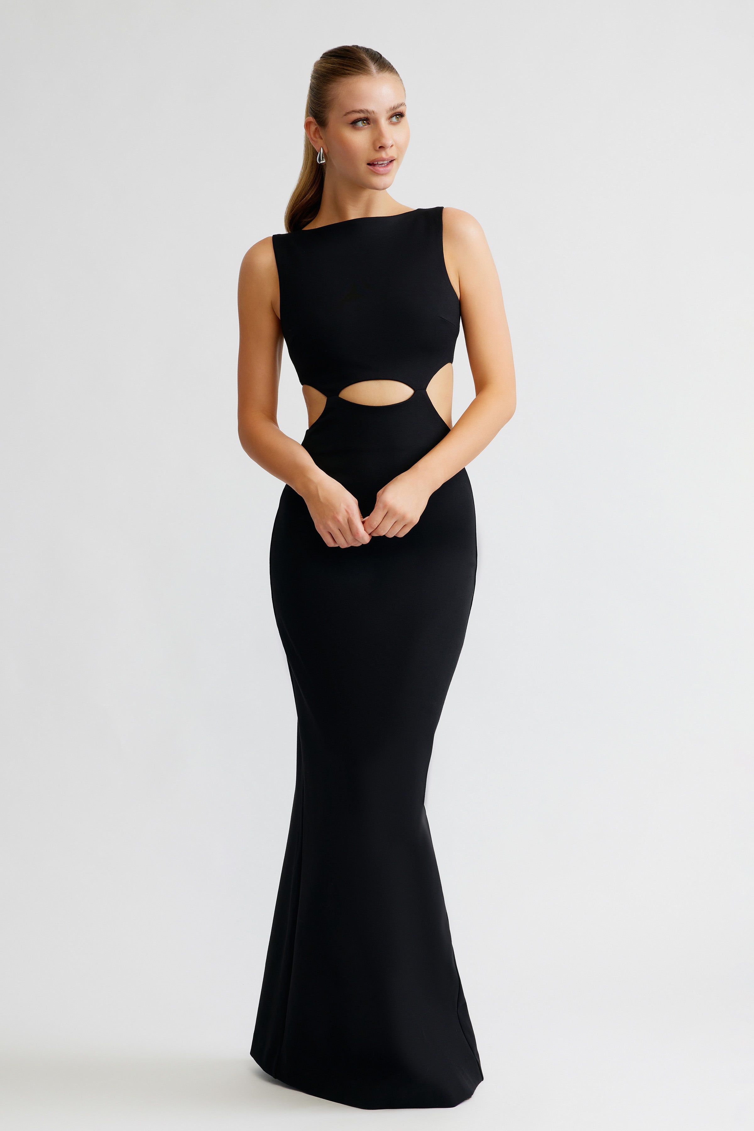 Elise Dress sleeveless fitted gown with front cutouts and high neckline in black for formal evening occasions