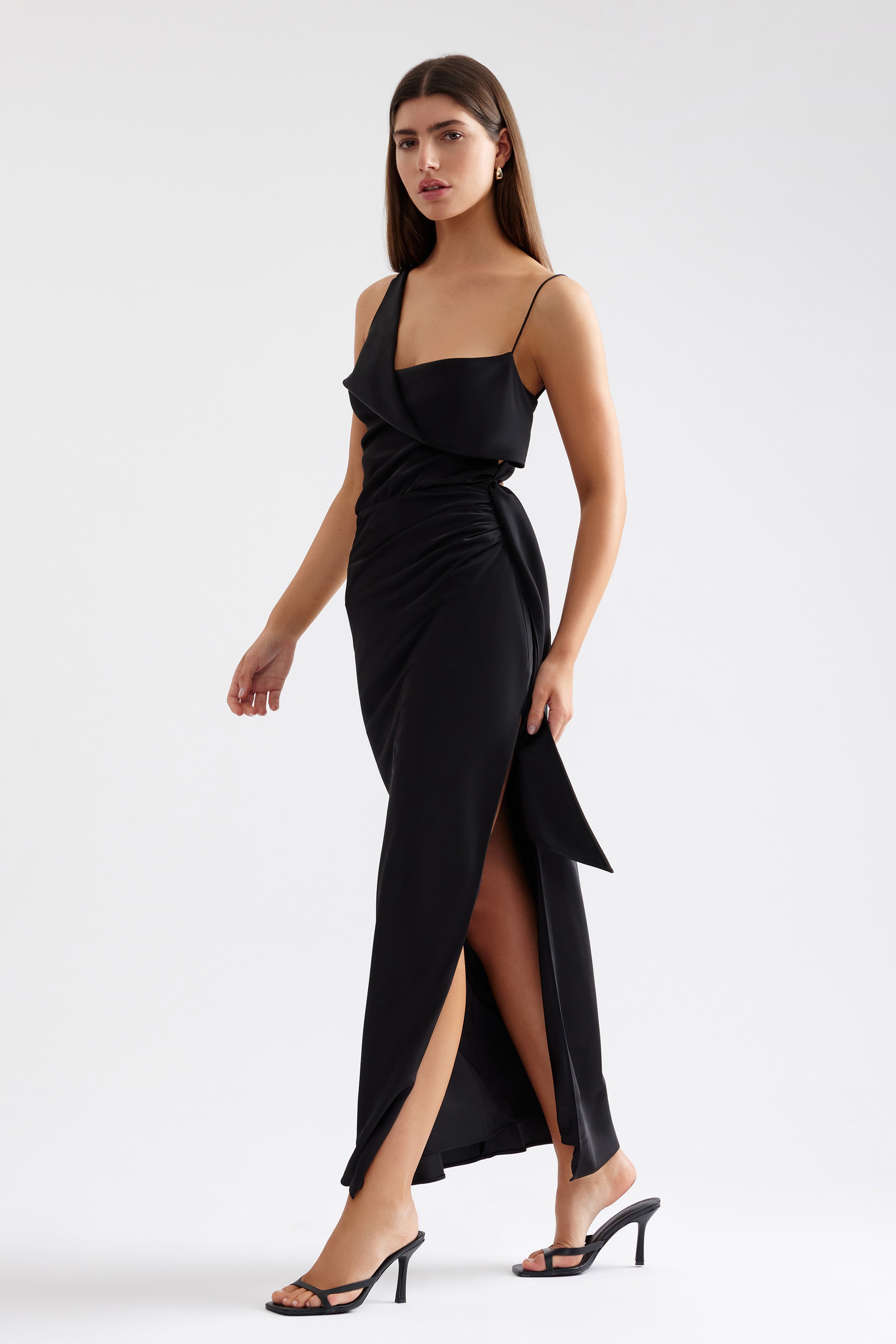 Elizabeth Dress black elegant asymmetric neckline with thin straps and high side split for formal and cocktail occasions by Studio Lexi