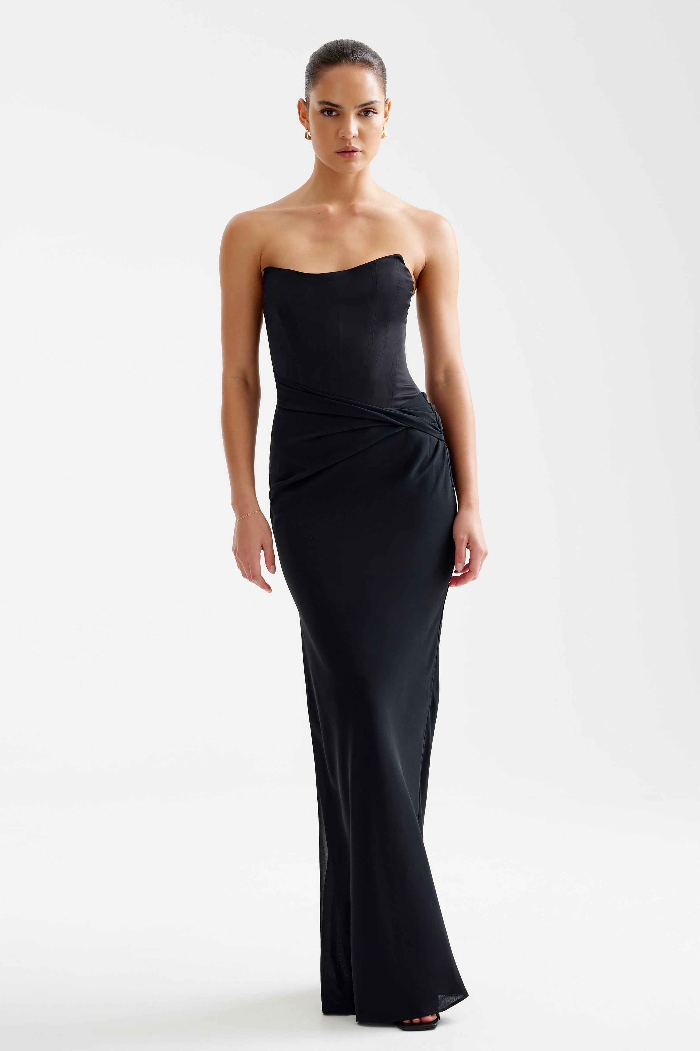 Elora Dress strapless design with a sleek fitted silhouette in black for formal black tie and evening events