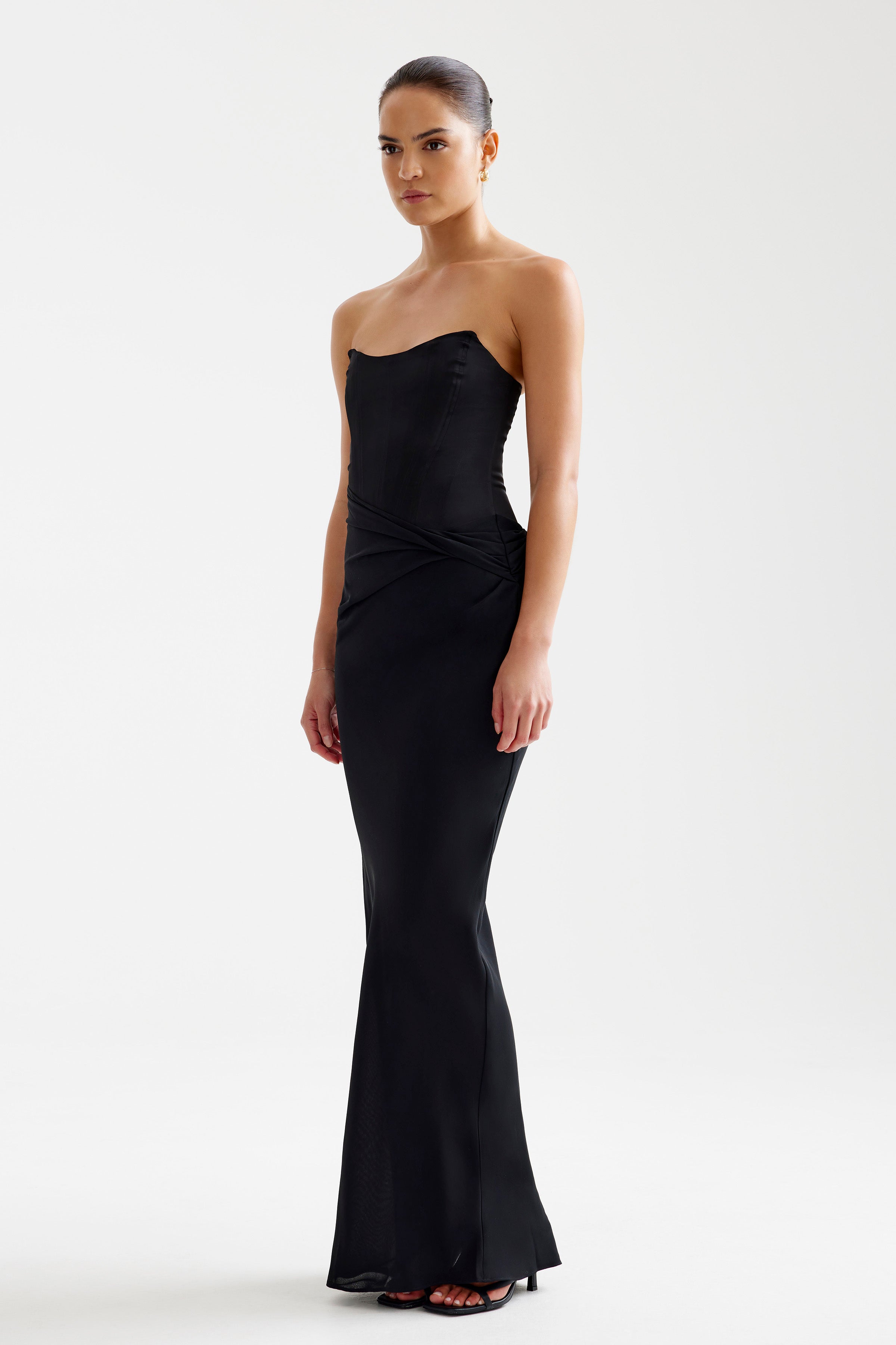 Elora Dress strapless design with satin bodice and fitted silhouette in black for elegant black tie occasions