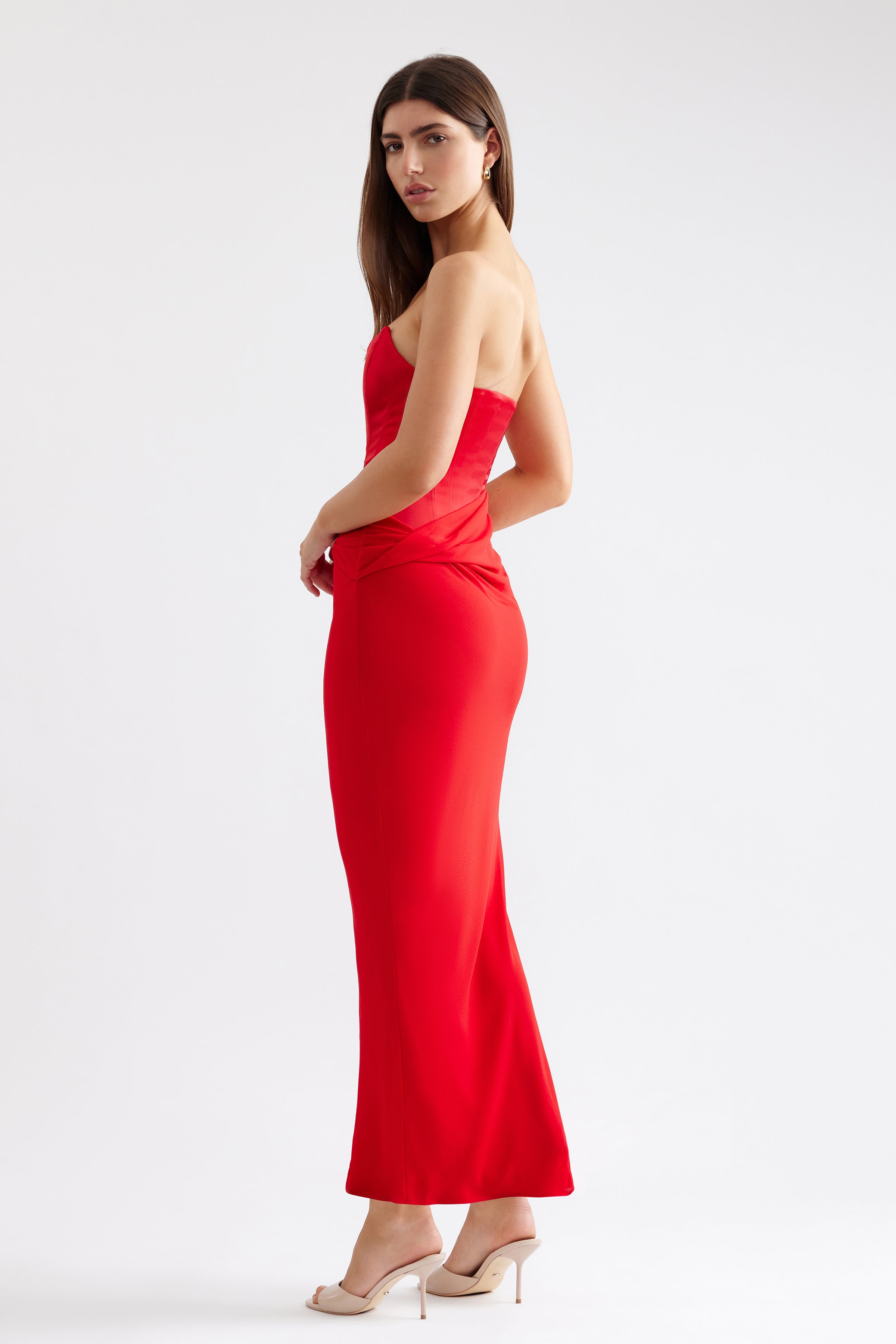Elora Red Gown Ankle Strapless Boned Bodice | Studio Lexi Elora Red Gown Ankle Strapless Boned Bodice | Studio Lexi