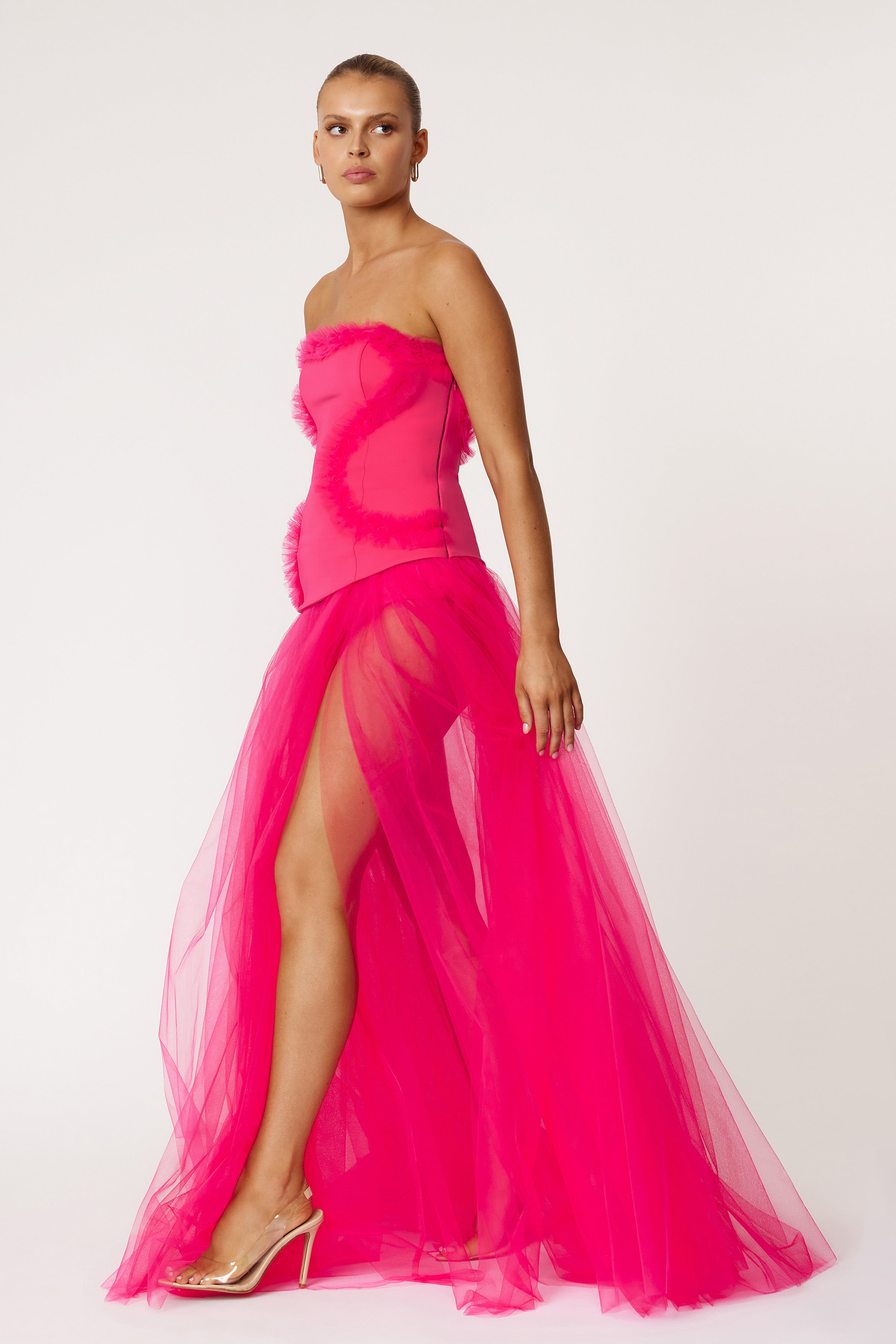 Emilie Dress strapless fitted bodice with sheer tulle skirt and thigh-high split in raspberry for formal occasions by Studio Lexi