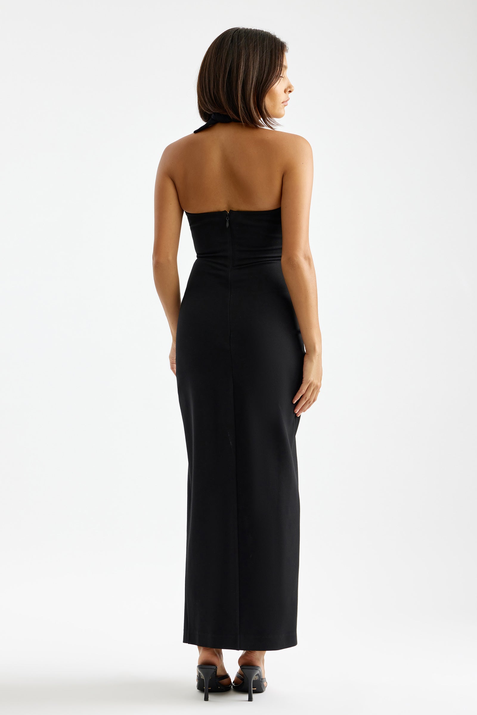Evana Dress Black Halter Ponte Midi Dress Split | Studio Lexi Evana Dress Black Halter Ponte Midi Dress Split | Studio Lexi