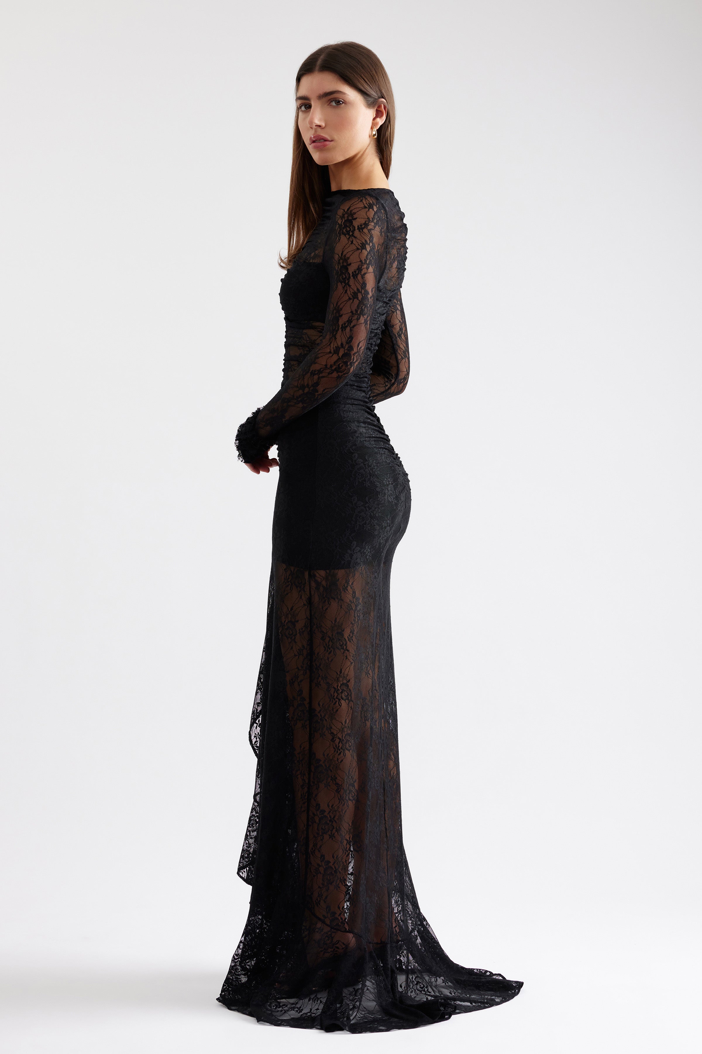 Evelyn Dress sheer lace long sleeve gown with fitted silhouette and small train in black for formal and black tie occasions by Studio Lexi
