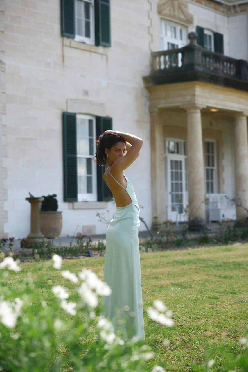 Fabienne Dress Mint Satin Gown One Shoulder | Studio Lexi